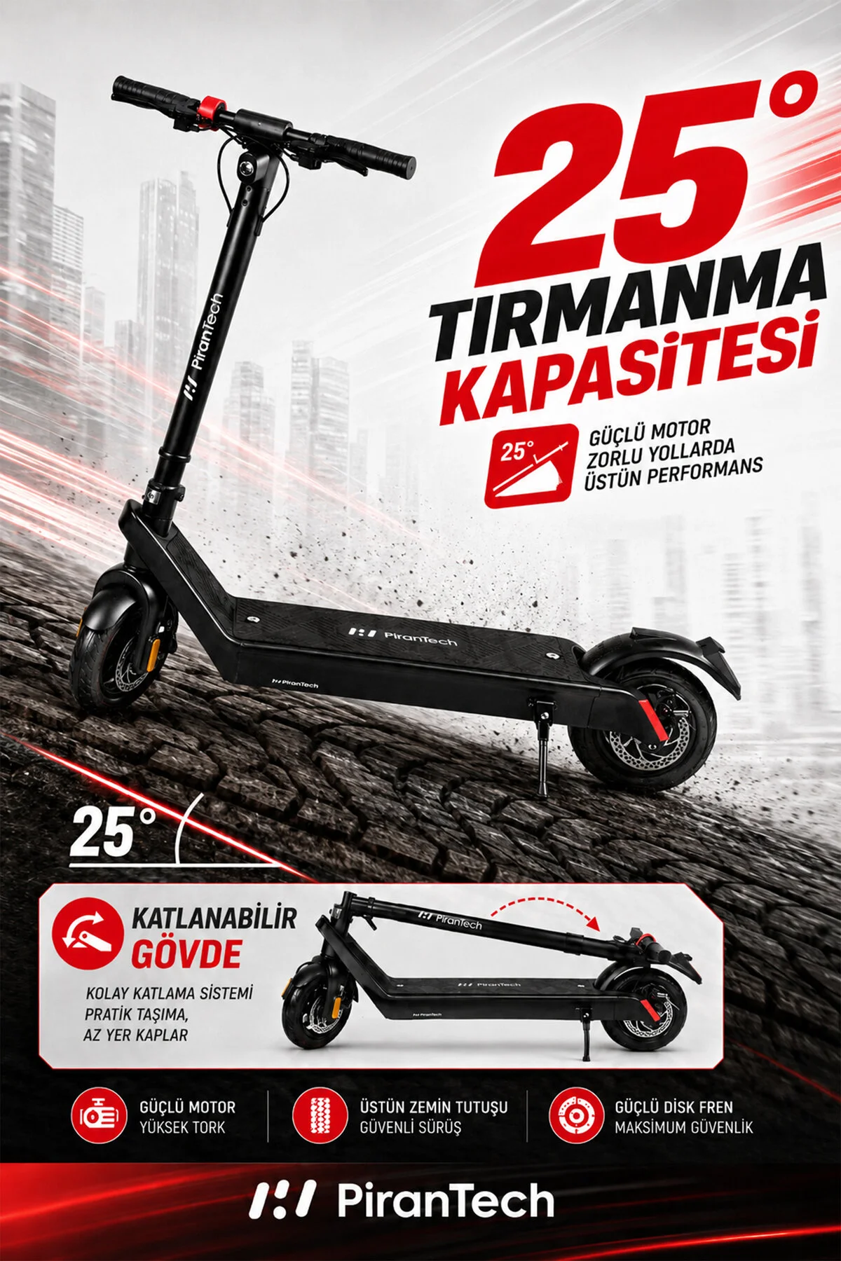 PiranTech X9 Elektrikli Scooter - Çıkartılabilir Bataryalı 850W Katlanabilir Scooter