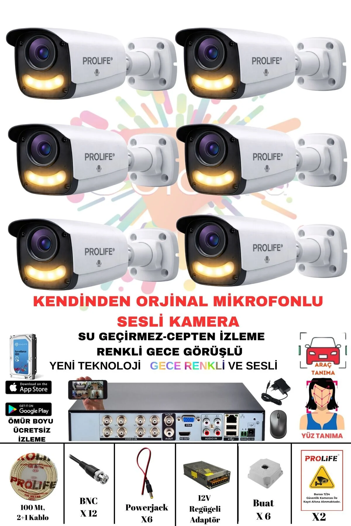 PROLİFE 6 LI Sesli Güvenlik Kamerası 5 Mp Gece Renkli Yüz Ve Araç Tanımalı Full Hd Kamera Sistemi