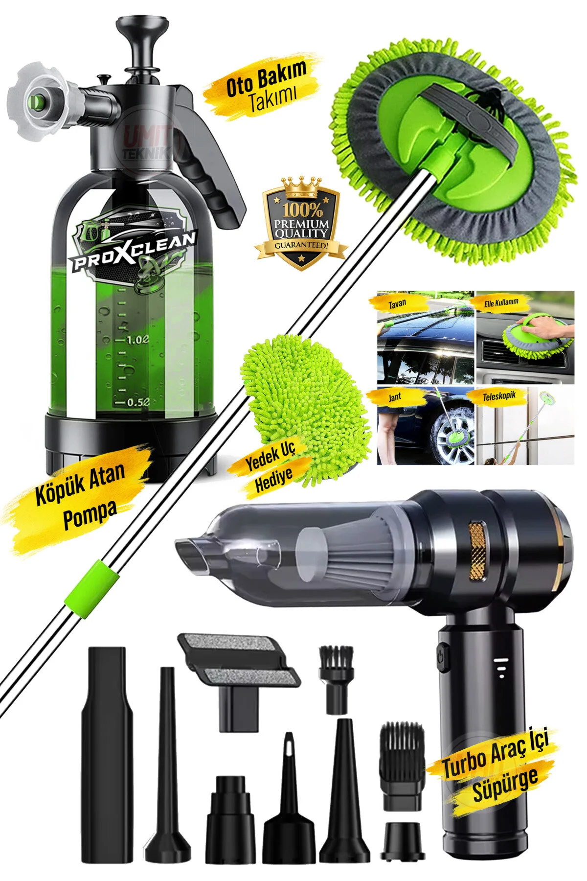 PROXCLEAN Premium Turbo Vakumlu Kablosuz Mini Araç Süpürgesi | Köpük Atan Pompa | Teleskopik Mikrofiber Takım