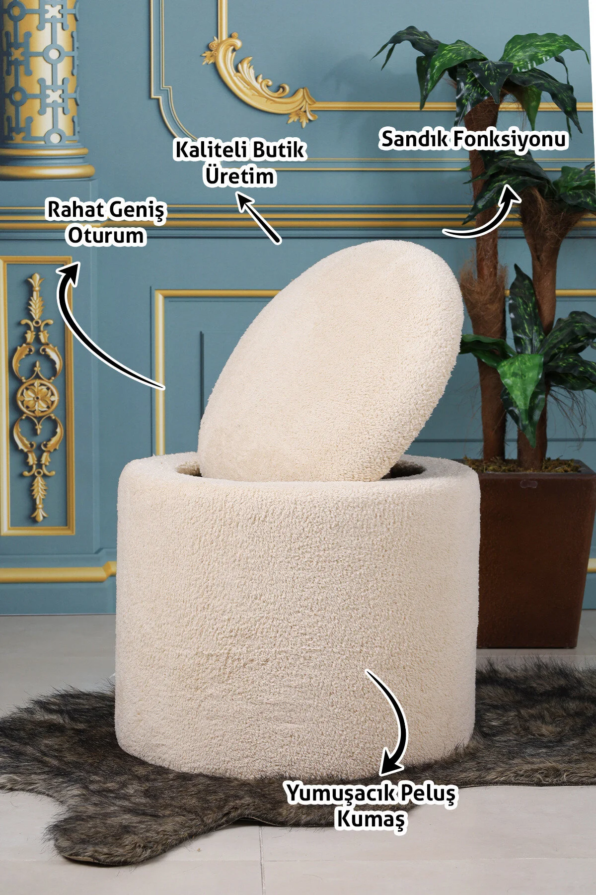 PufyHome SANDIKLI 45 X 45 CM PELUŞ KREM KUMAŞLI ÇOK AMAÇLI PUF KOLTUK