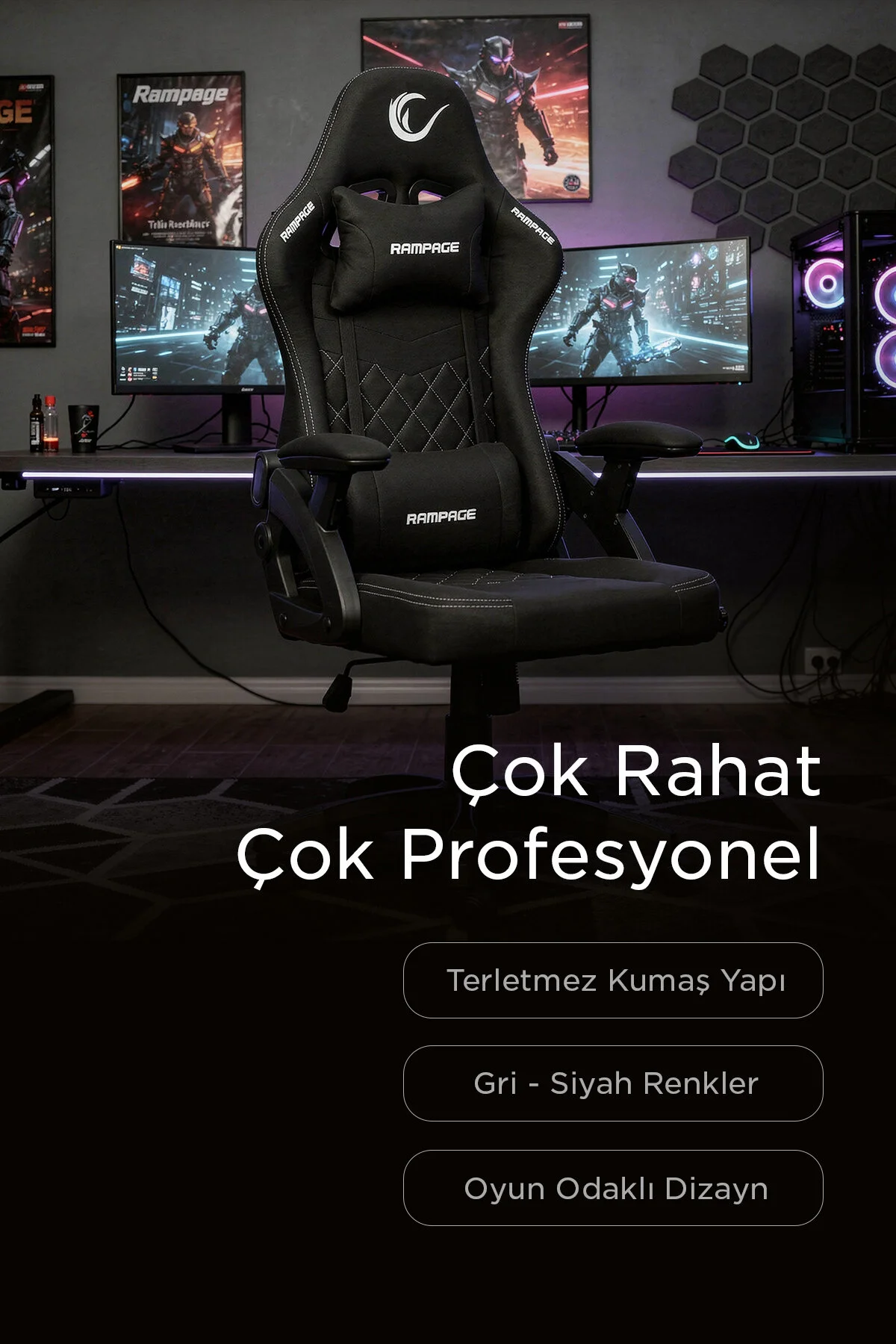 Rampage Nox Terletmez Kumaş Siyah/Gri Oyuncu Koltuğu - KL-R43
