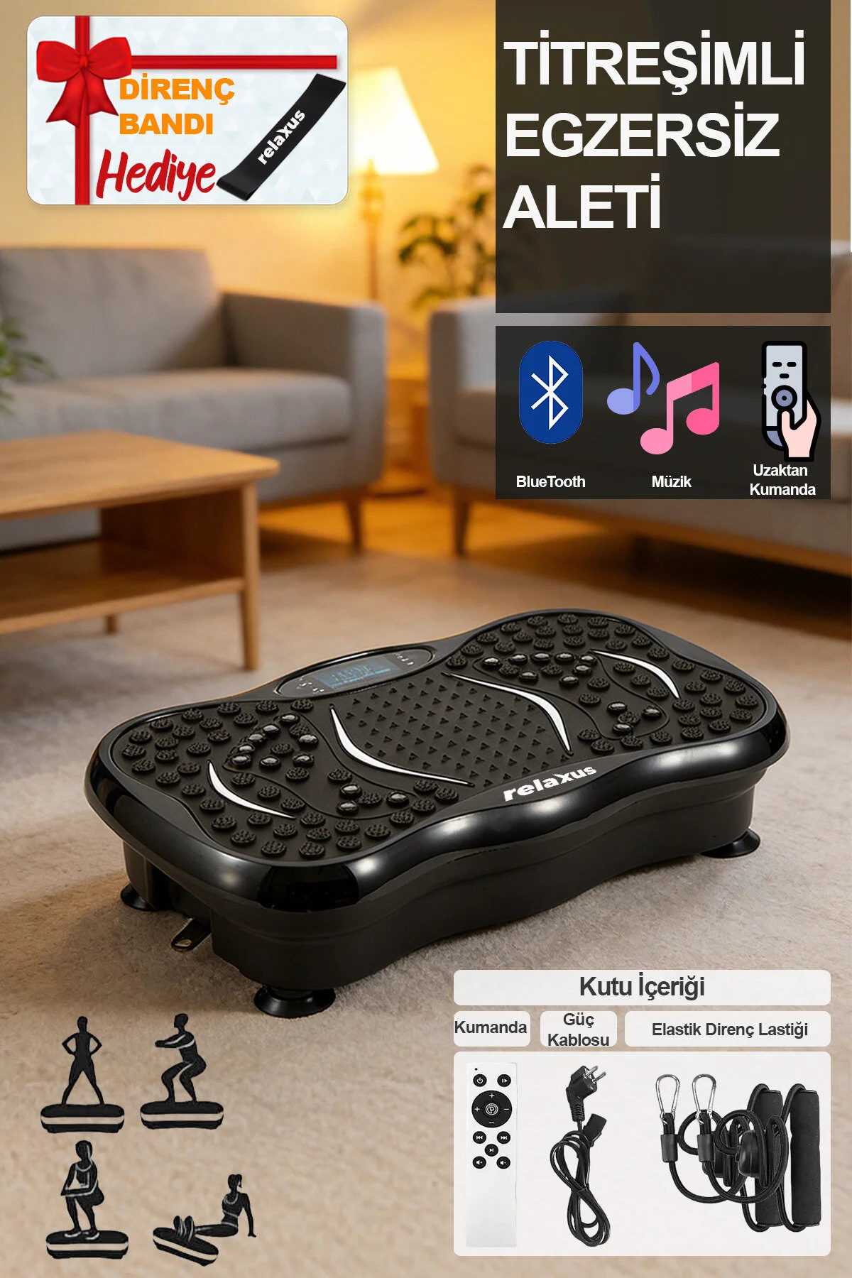 RELAXUS Yüksek Titreşimli Egzersiz Platformu Bluetooth Masaj Aleti Ev Fitness Cihazı Direnç Lastiği Hediye