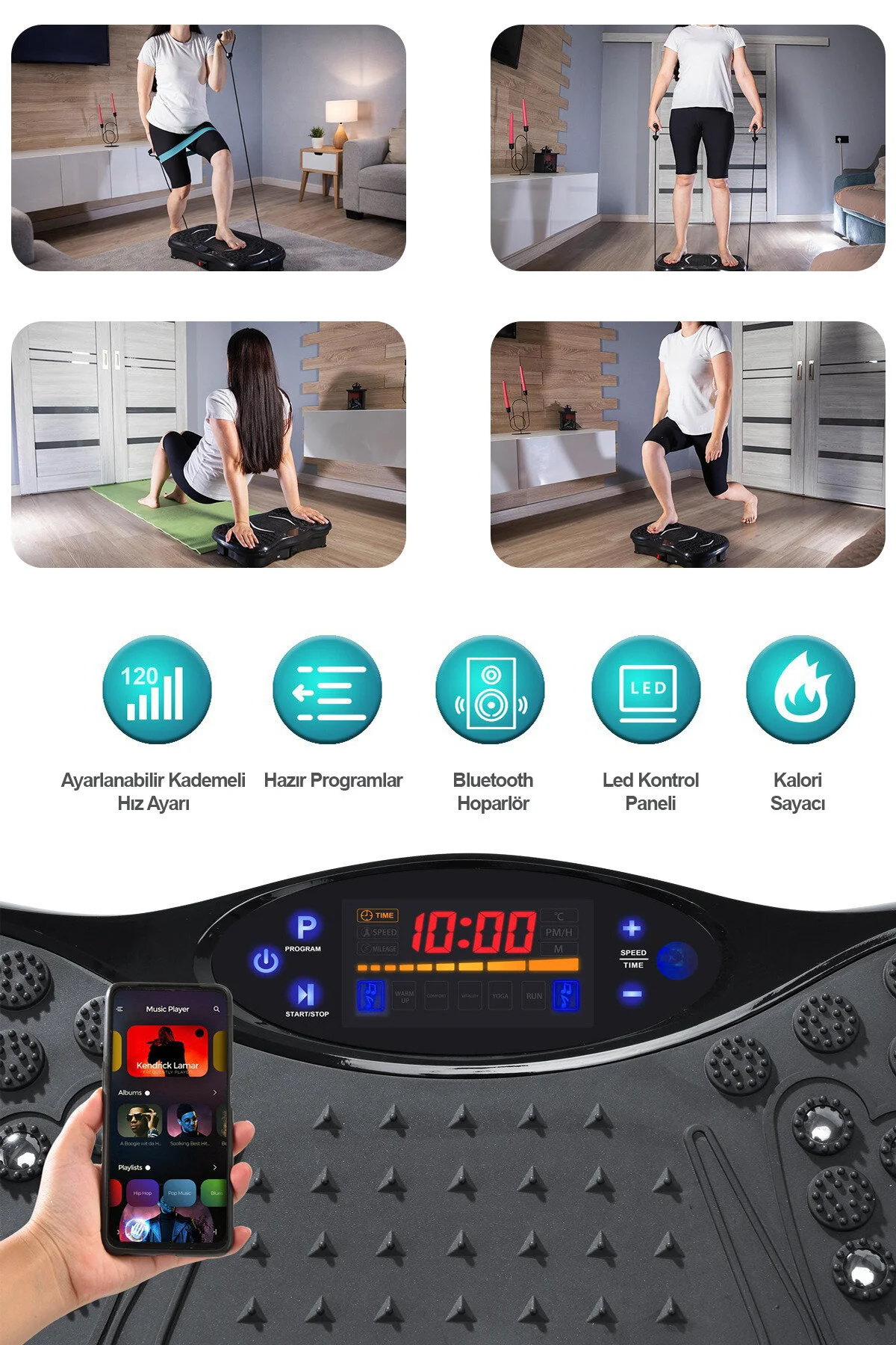 RELAXUS Yüksek Titreşimli Egzersiz Platformu Bluetooth Masaj Aleti Ev Fitness Cihazı Direnç Lastiği Hediye