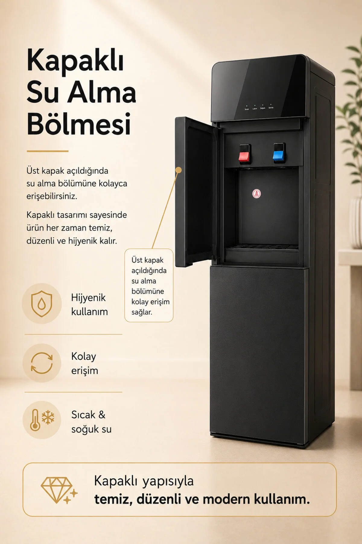 ROBO Gizli Damacanalı Sıcak Soğuk Su Sebili – Kapaklı Tasarım, Paslanmaz Çelik Hazne, Ev ve Ofis Tipi