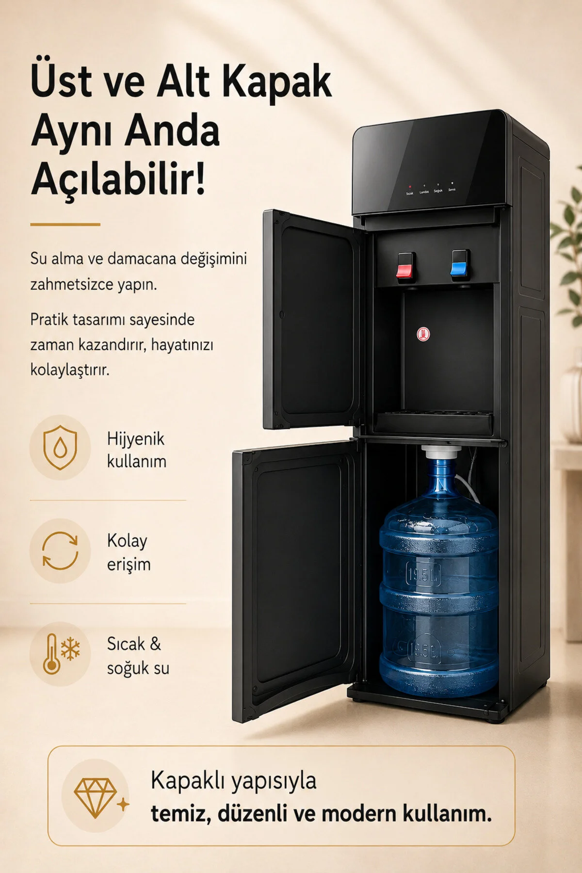 ROBO Gizli Damacanalı Sıcak Soğuk Su Sebili – Kapaklı Tasarım, Paslanmaz Çelik Hazne, Ev ve Ofis Tipi