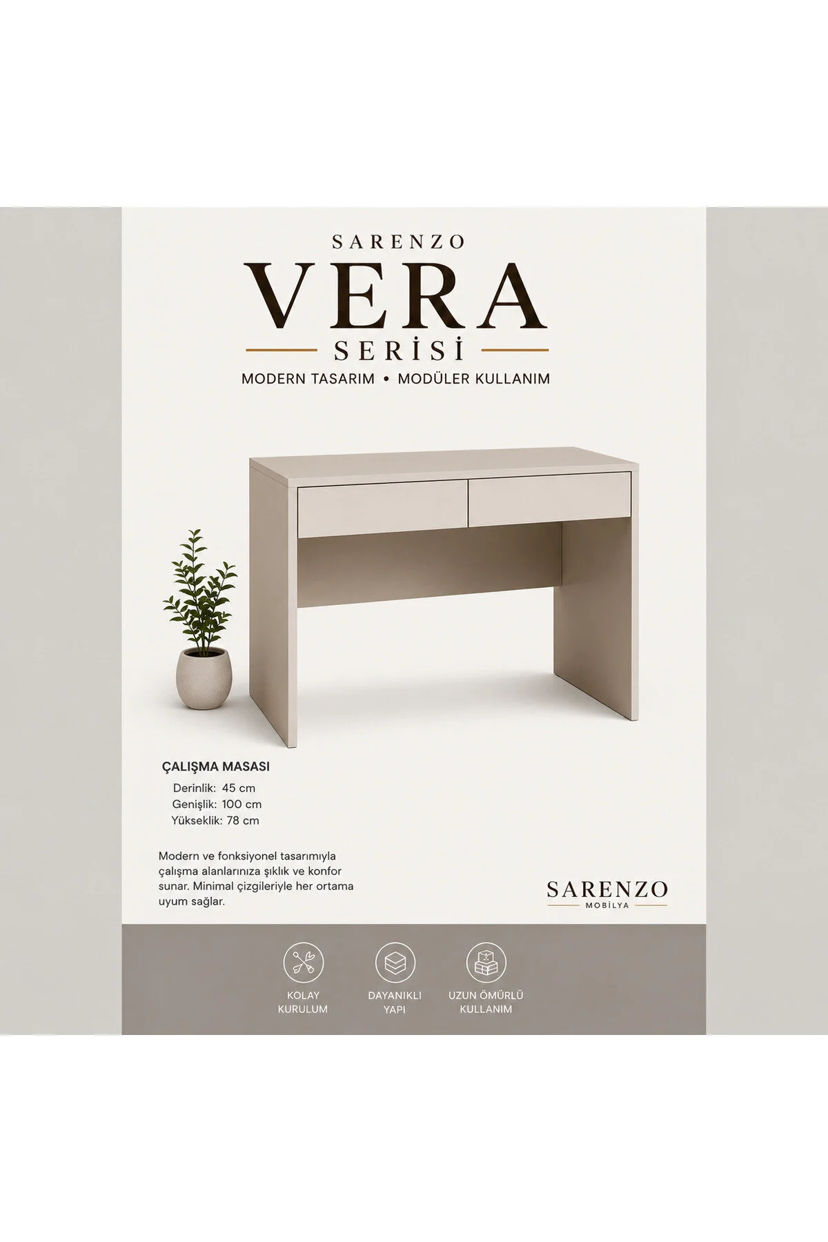 Sarenzo Vera Çalışma Masası Kum Beji Modern Makyaj Masası