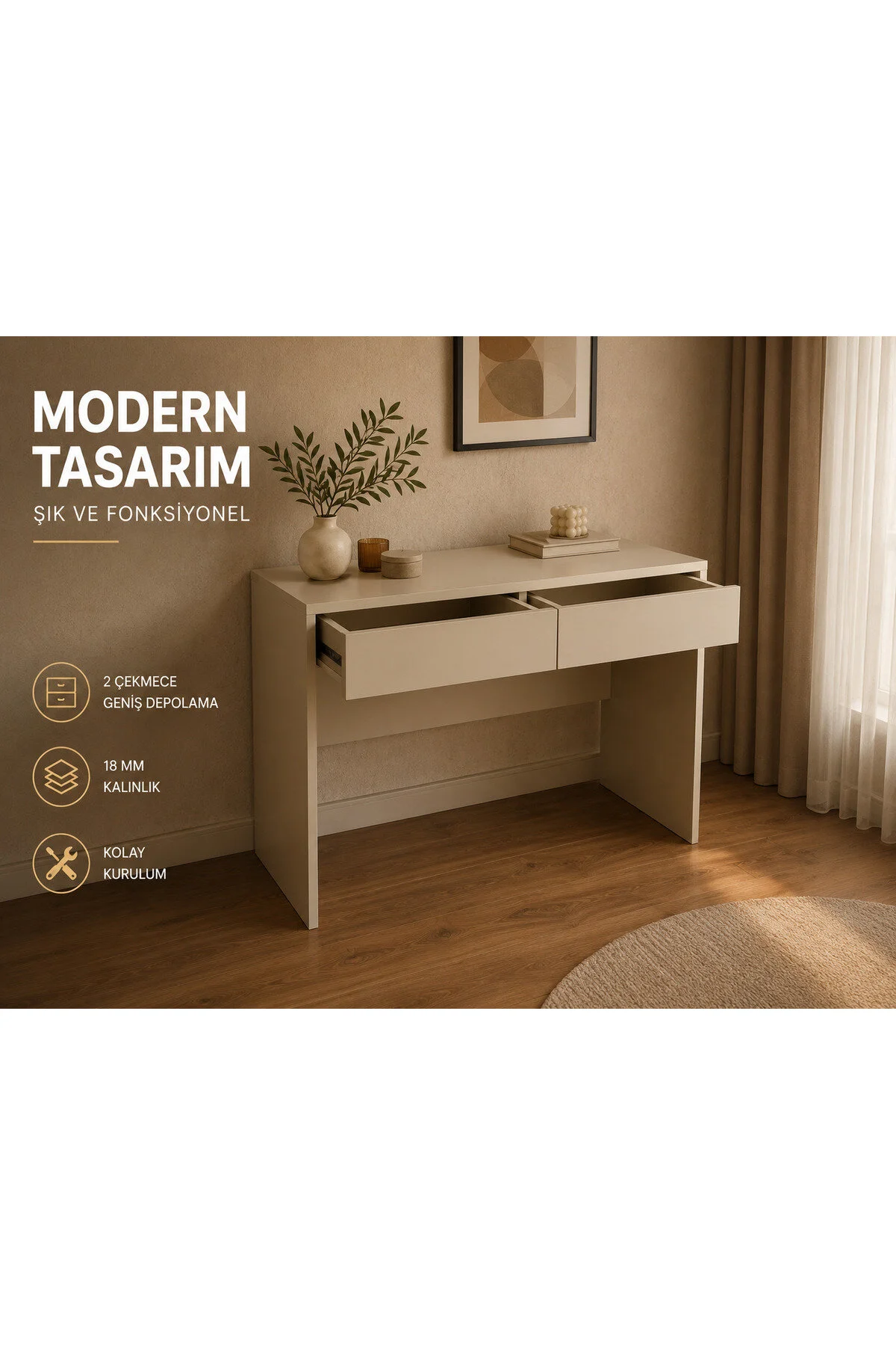 Sarenzo Vera Çalışma Masası Kum Beji Modern Makyaj Masası