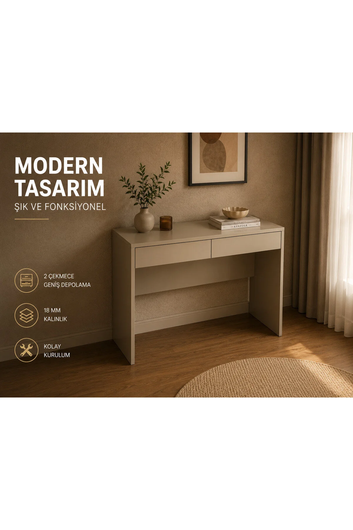 Sarenzo Vera Çalışma Masası Kum Beji Modern Makyaj Masası