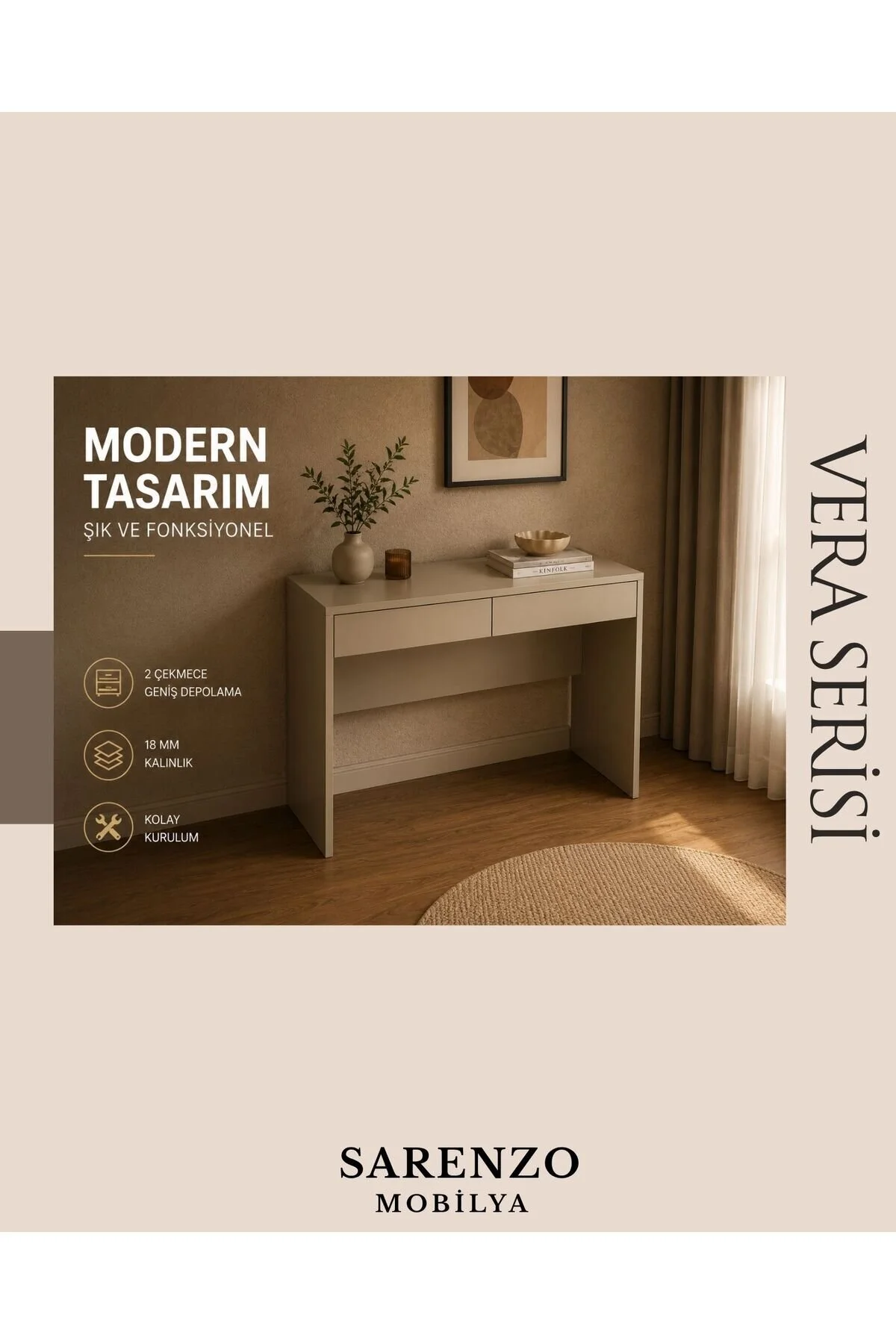 Sarenzo Vera Çalışma Masası Kum Beji Modern Makyaj Masası