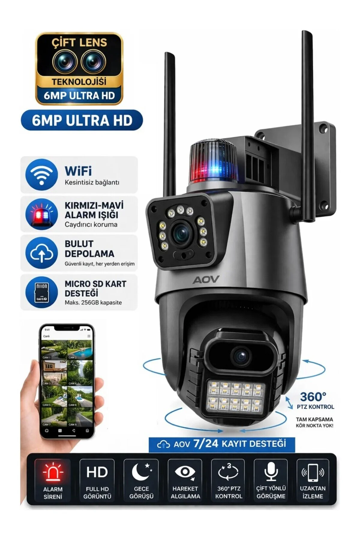 SmartVision Wifi Ptz Kamera 6 Megapixel Ultra Hd Çift Kameralı Dış Cephe Alarmlı Güvenlik Kamera Sistem