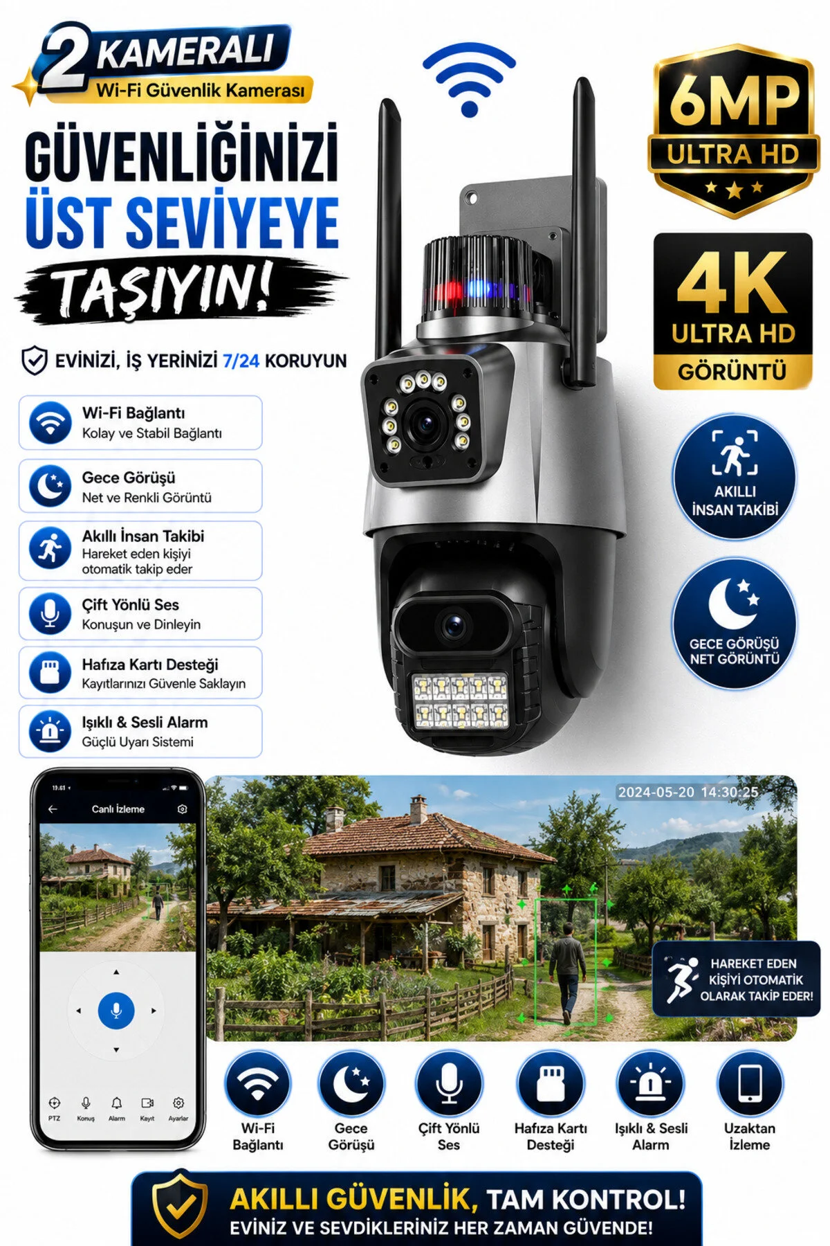 SmartVision Wifi Ptz Kamera 6 Megapixel Ultra Hd Çift Kameralı Dış Cephe Alarmlı Güvenlik Kamera Sistem