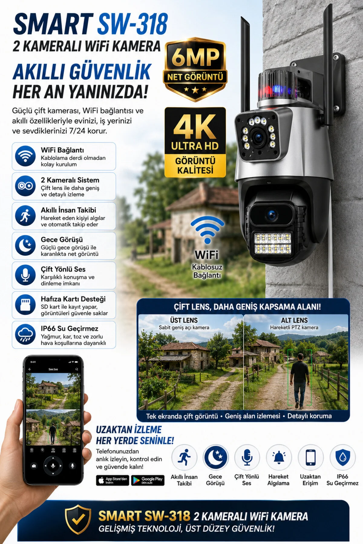 SmartVision Wifi Ptz Kamera 6 Megapixel Ultra Hd Çift Kameralı Dış Cephe Alarmlı Güvenlik Kamera Sistem