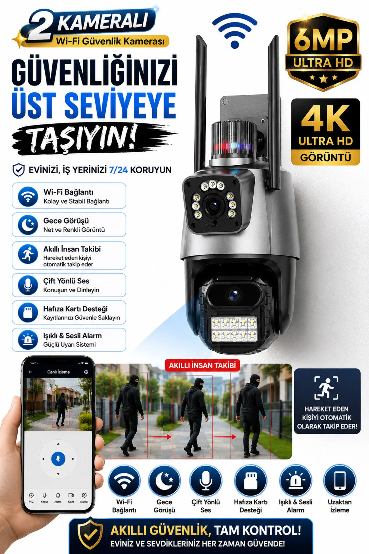 SmartVision Wifi Ptz Kamera 6 Megapixel Ultra Hd Çift Kameralı Dış Cephe Alarmlı Güvenlik Kamera Sistem