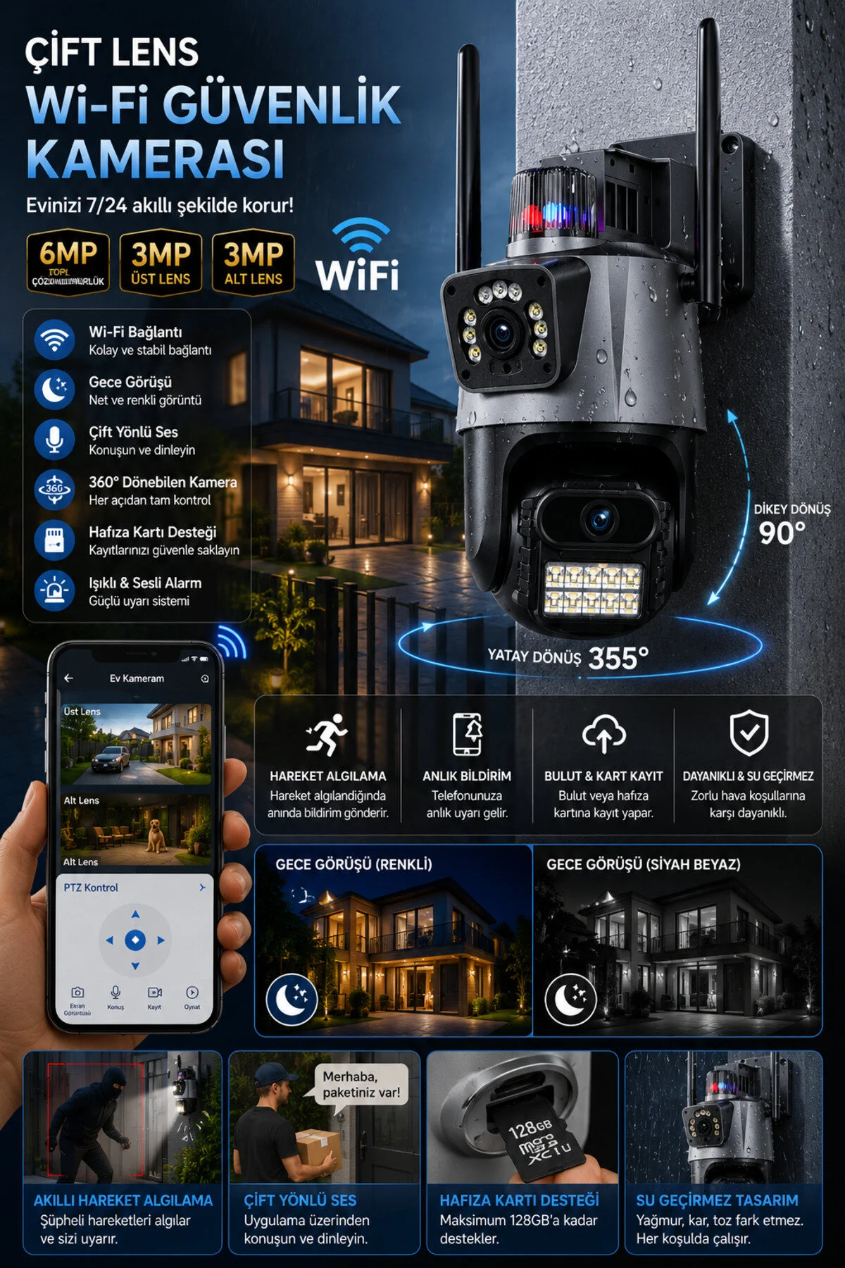 SmartVision Wifi Ptz Kamera 6 Megapixel Ultra Hd Çift Kameralı Dış Cephe Alarmlı Güvenlik Kamera Sistem
