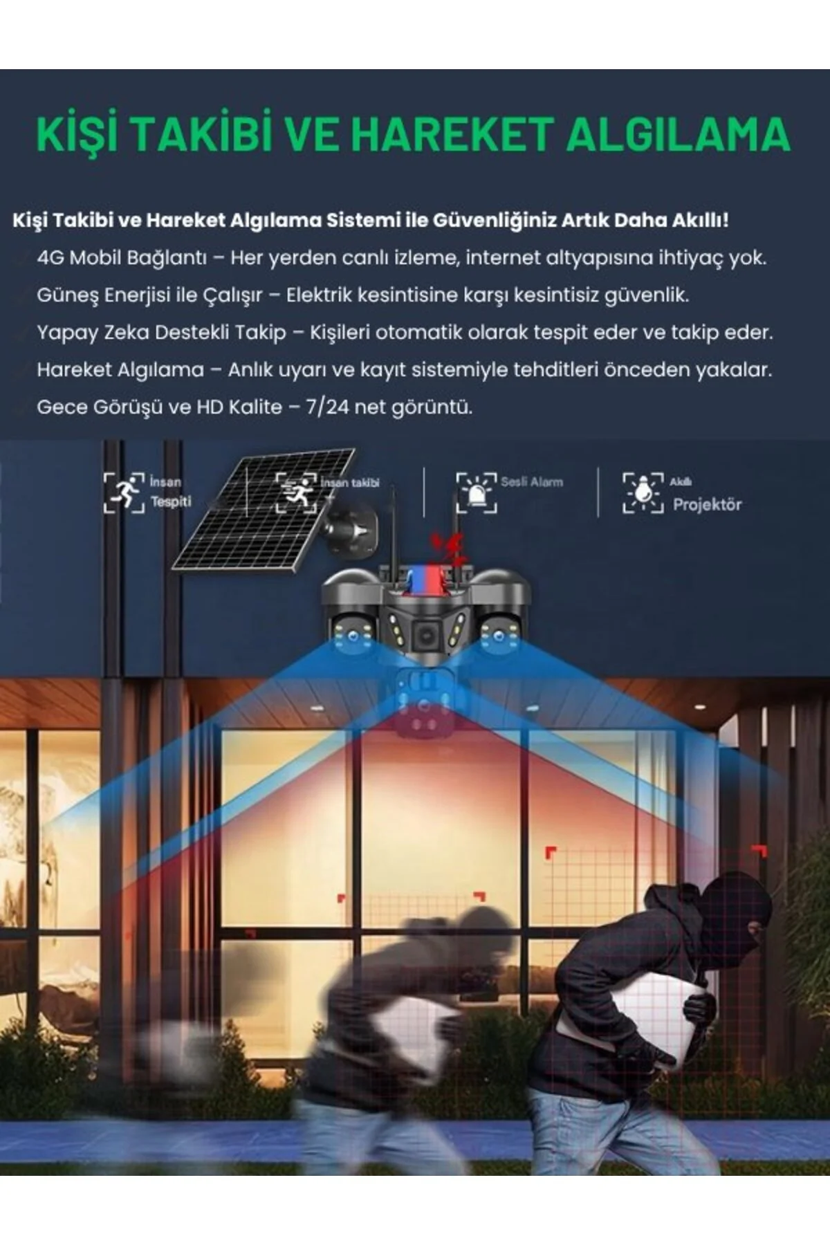 SONREİR RX66G Solar Güvenlik Kamerası Türkçe 4G Sim Kartlı PTZ Hareketli Gece Görüşlü Güneş Panelli Kamera