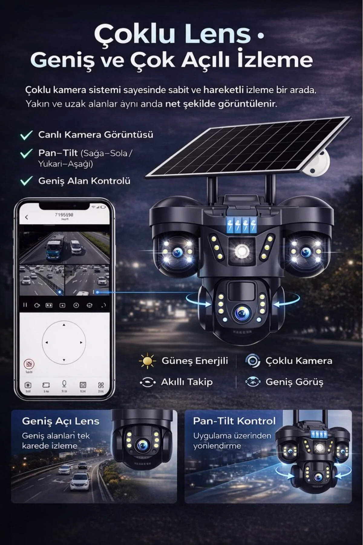SONREİR RX66G Solar Güvenlik Kamerası Türkçe 4G Sim Kartlı PTZ Hareketli Gece Görüşlü Güneş Panelli Kamera