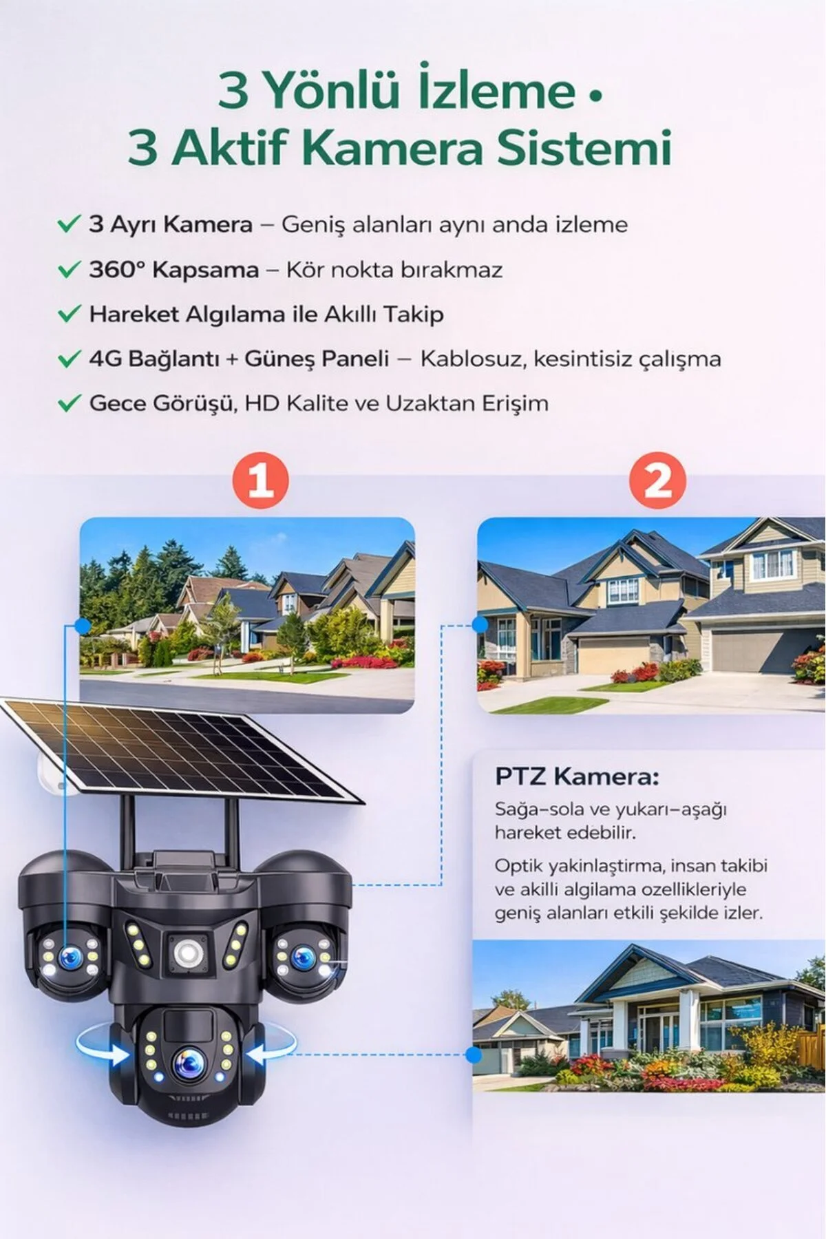 SONREİR RX66G Solar Güvenlik Kamerası Türkçe 4G Sim Kartlı PTZ Hareketli Gece Görüşlü Güneş Panelli Kamera