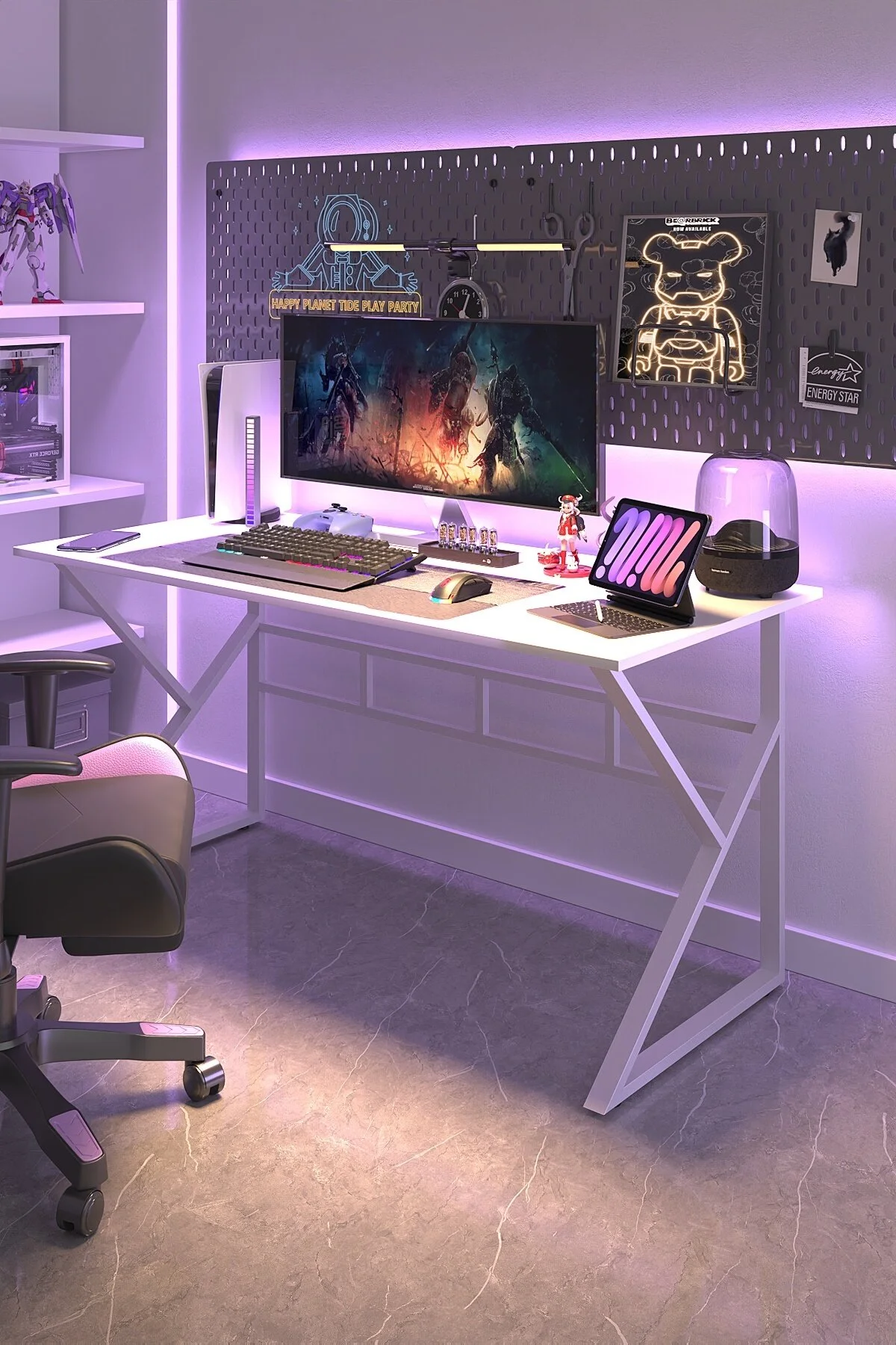 TEKATEL Oyuncu Masası Metal ayaklı Çalışma Masası Gaming Masa Bilgisayar Masası Ofis masası Beyaz 140X60