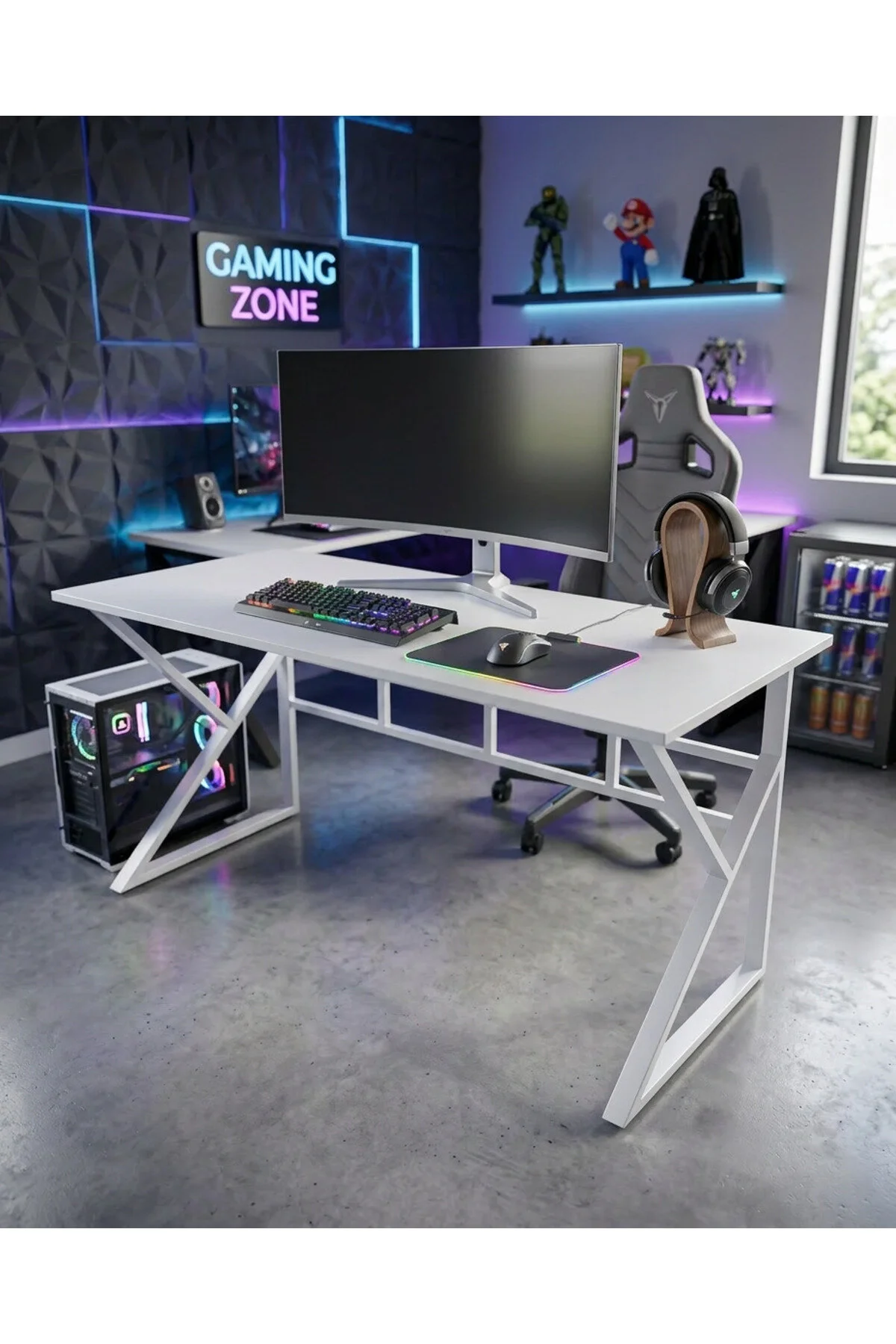 TEKATEL Oyuncu Masası Metal ayaklı Çalışma Masası Gaming Masa Bilgisayar Masası Ofis masası Beyaz 140X60
