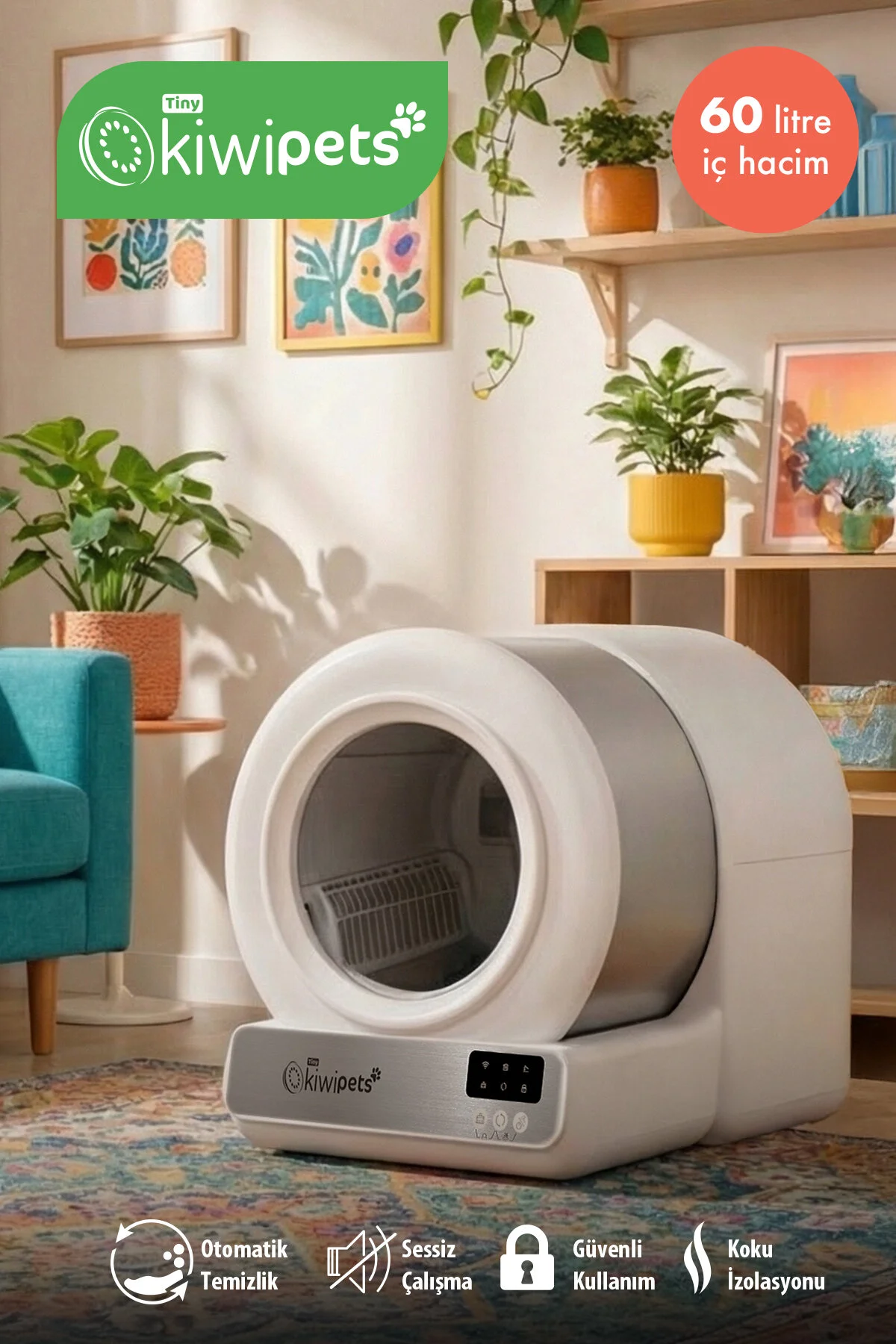 Tiny Kiwipets KPLB-10771 Otomatik Akıllı Kendi Kendini Temizleyen Kedi Tuvaleti | 60L Hacim & Koku Giderici Beyaz