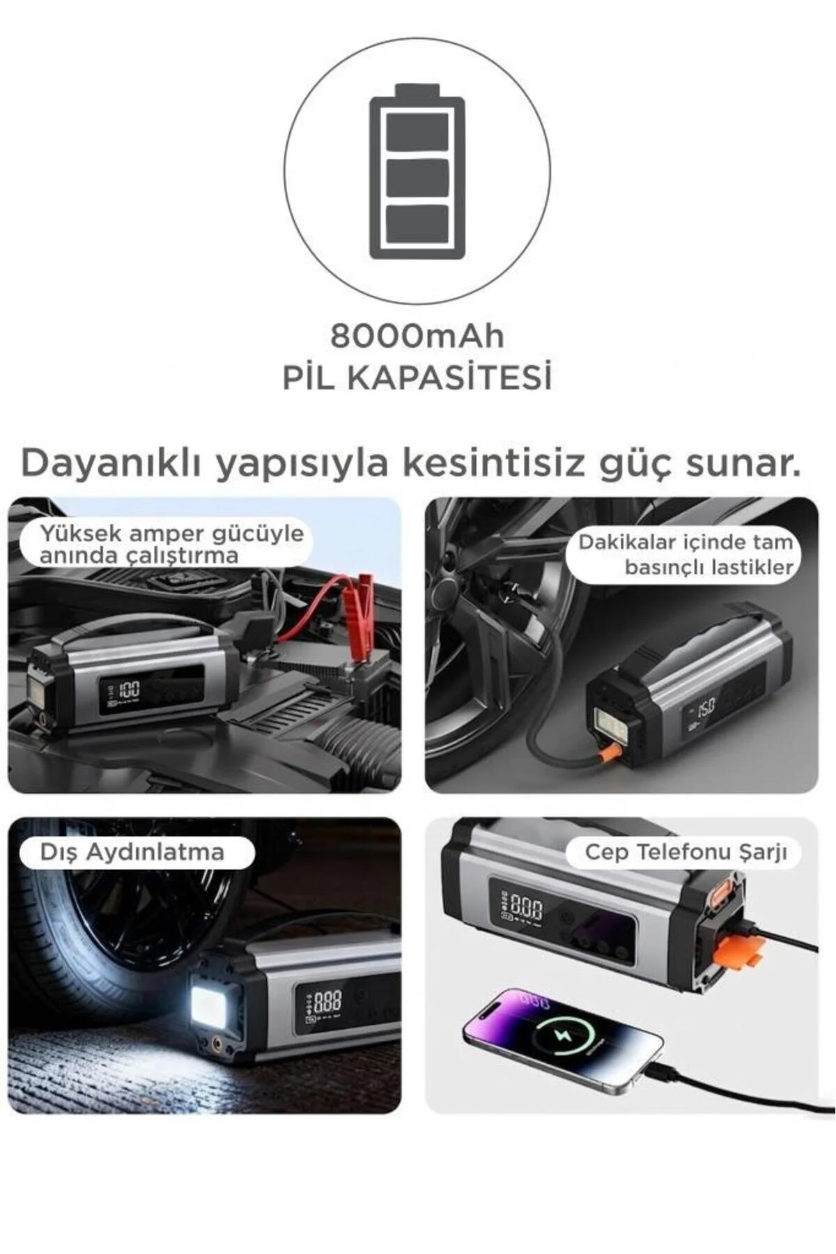 Torima Araç Hava Kompresörü Akü Takviyeli Marş Özellikli Dijital Ekranlı Işıklı Taşınabilir Kompresör APS01