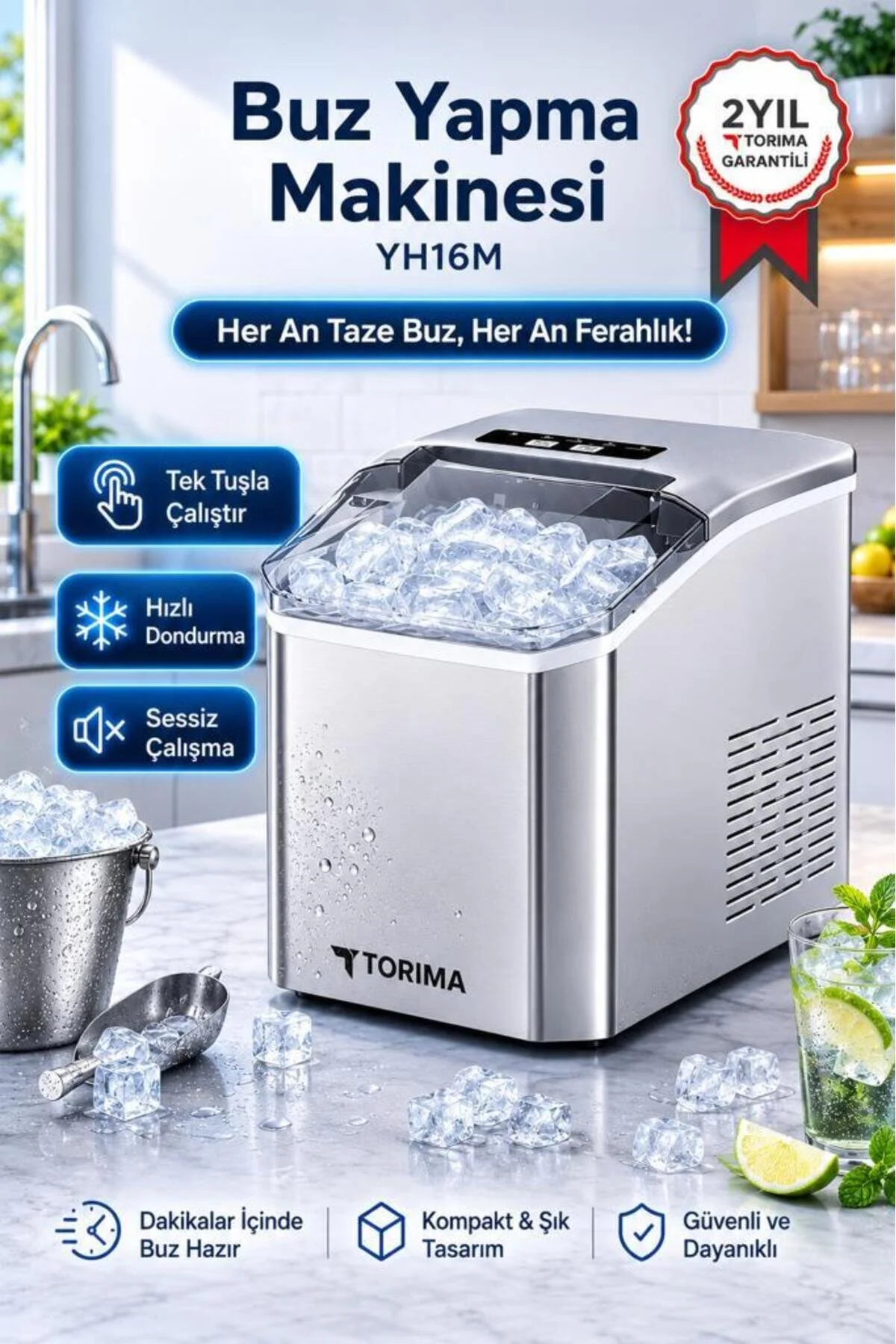 Torima Portatif Taşınabilir Hızlı Buz Yapma Makinesi YH16M Gümüş