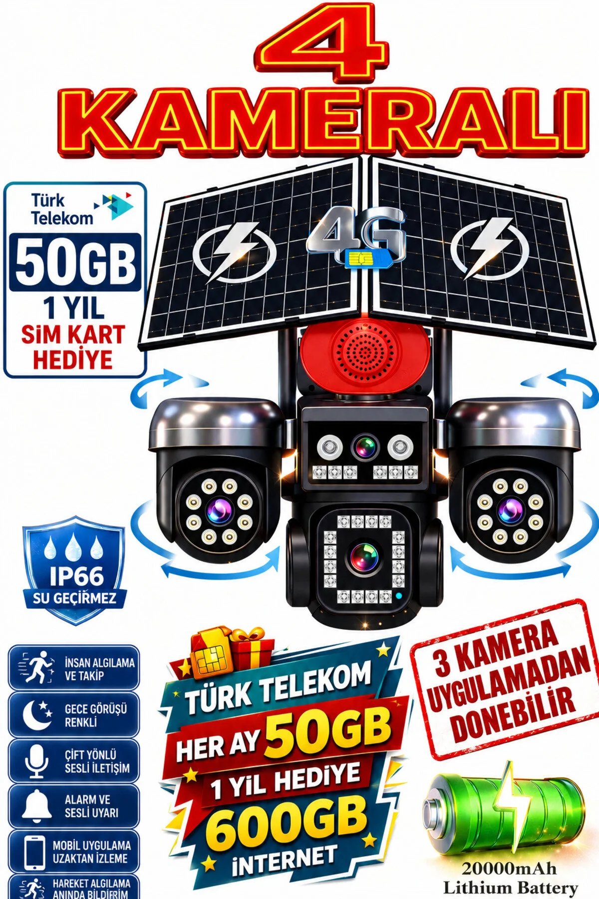 TRCharger 4 Kameralı (3 Motorlu + 1 Sabit)12MP 4G Solar Kamera AOV 7/24 Kayıt 1 Yıl 10GB Her Ay Turkcel Hediye