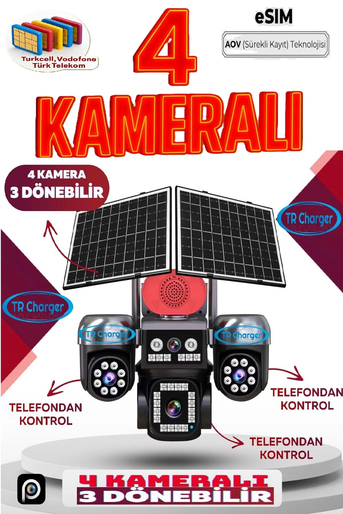 TRCharger 4 Kameralı (3 Motorlu + 1 Sabit)12MP 4G Solar Kamera AOV 7/24 Kayıt 1 Yıl 10GB Her Ay Turkcel Hediye