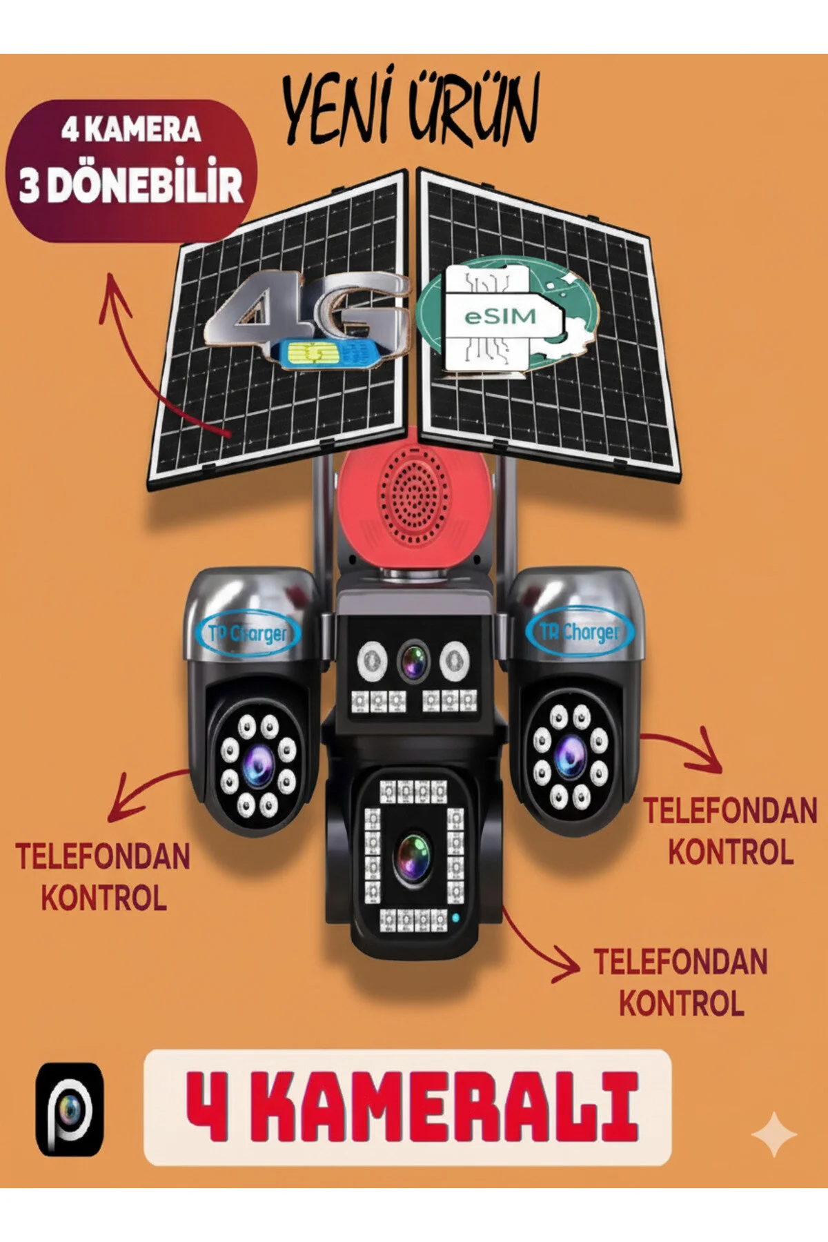 TRCharger 4 Kameralı (3 Motorlu + 1 Sabit)12MP 4G Solar Kamera AOV 7/24 Kayıt 1 Yıl 10GB Her Ay Turkcel Hediye