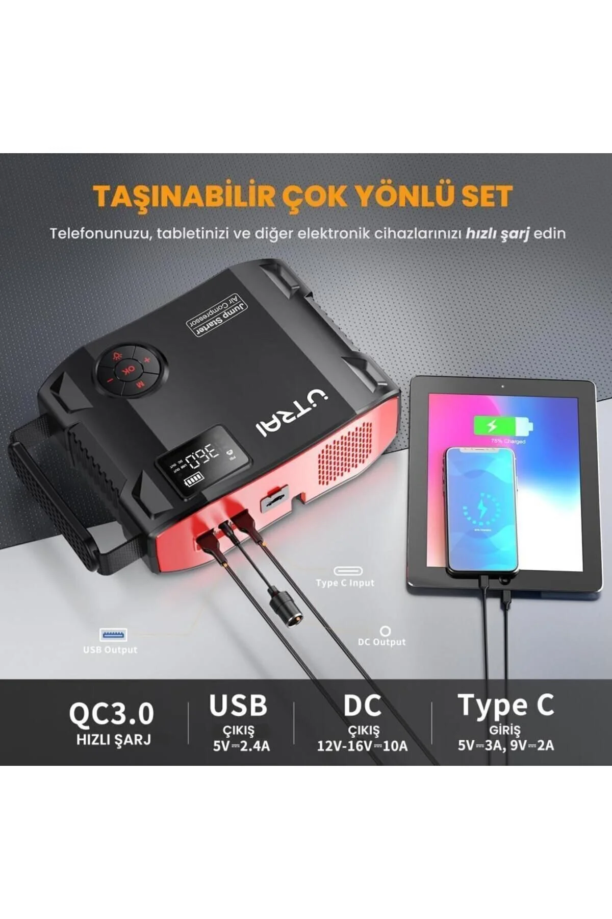 UTRAI Jstar 5 24000mah 2000a Jump Starter Lastik Şişirme Pompası Taşınabilir Akü Takviye Cihazı Çanta Led
