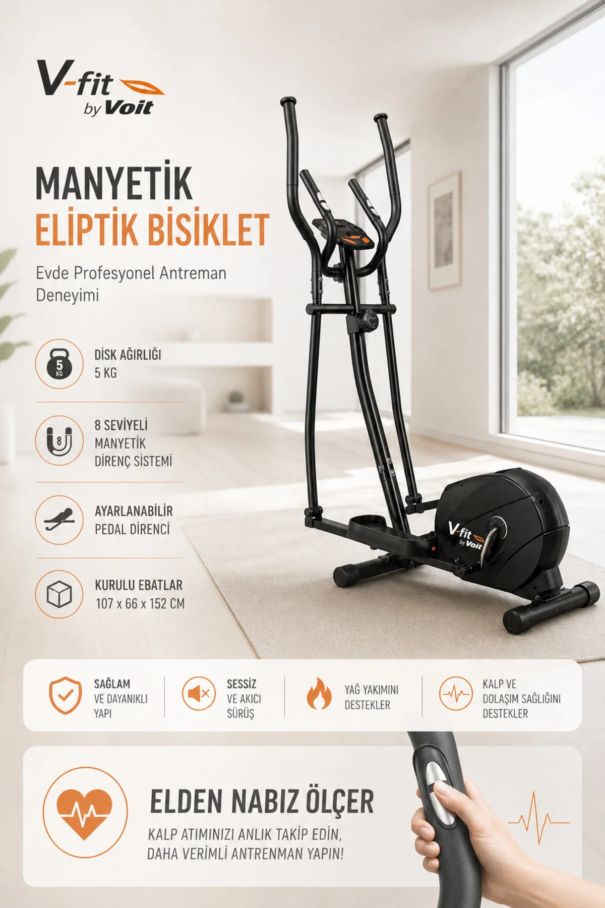 Voit V-fit By Voit Manyetik Eliptik Bisiklet Sessiz Çalışan Elden Nabız Ölçerli Kondisyon Aleti