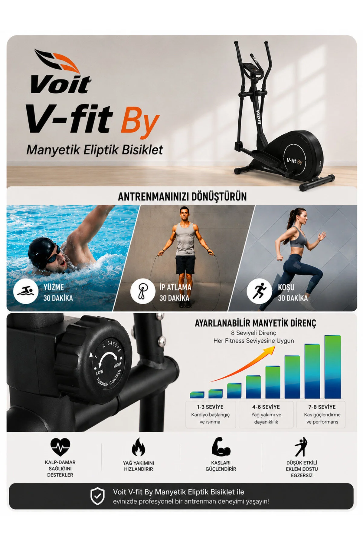 Voit V-fit By Voit Manyetik Eliptik Bisiklet Sessiz Çalışan Elden Nabız Ölçerli Kondisyon Aleti