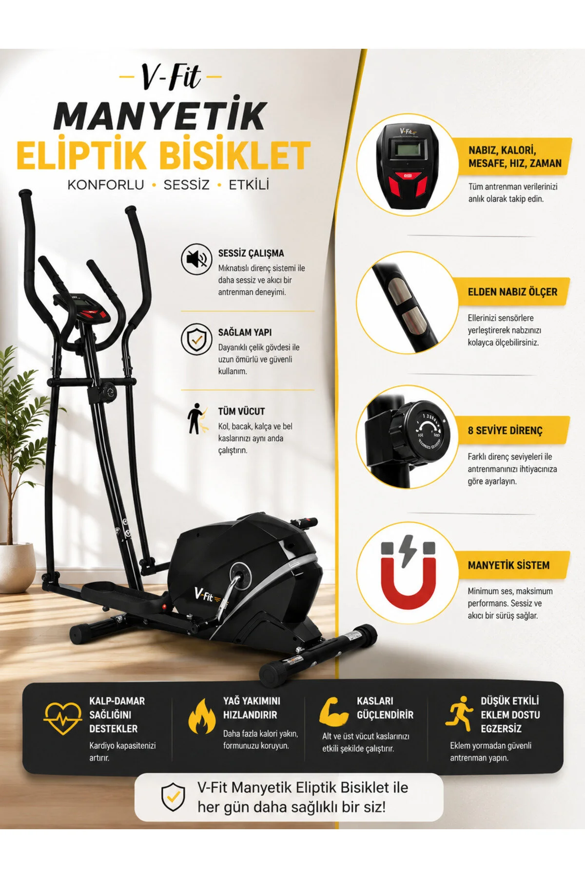 Voit V-fit By Voit Manyetik Eliptik Bisiklet Sessiz Çalışan Elden Nabız Ölçerli Kondisyon Aleti