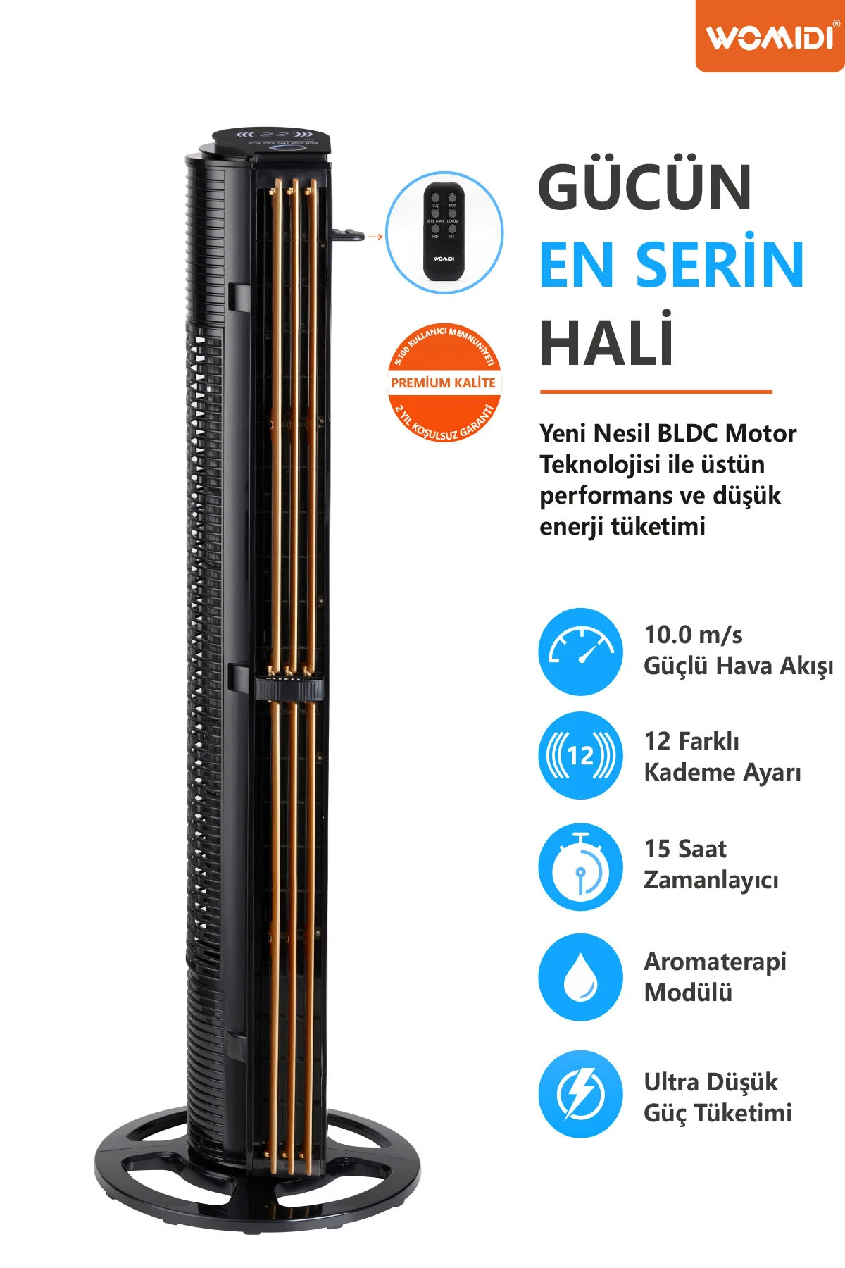 womidi 60W Sessiz Pervanesiz Kule Tipi Vantilatör Serinletici Dikey Uzaktan Kumandalı Aromaterapi Zaman Ayarlı