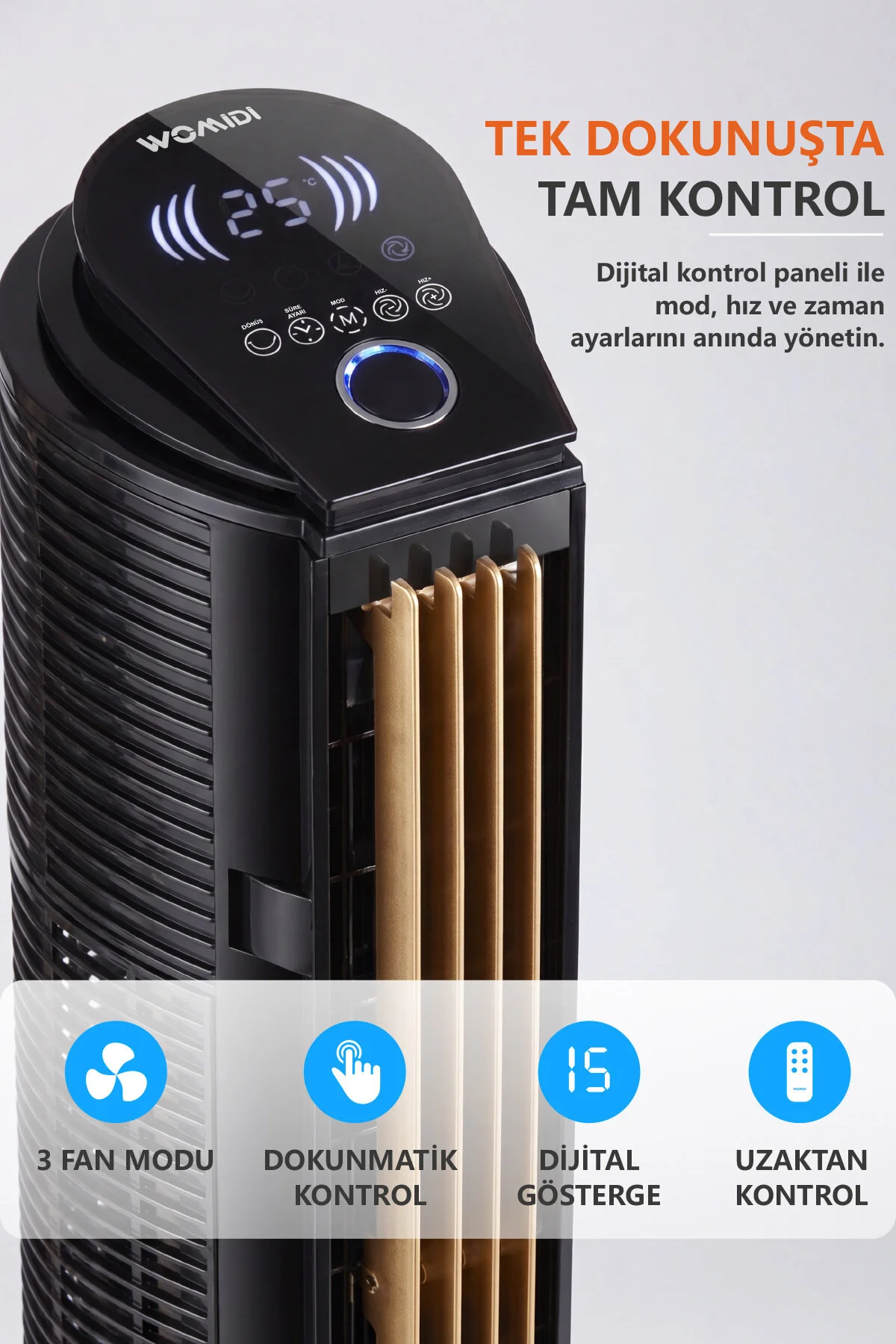 womidi 60W Sessiz Pervanesiz Kule Tipi Vantilatör Serinletici Dikey Uzaktan Kumandalı Aromaterapi Zaman Ayarlı