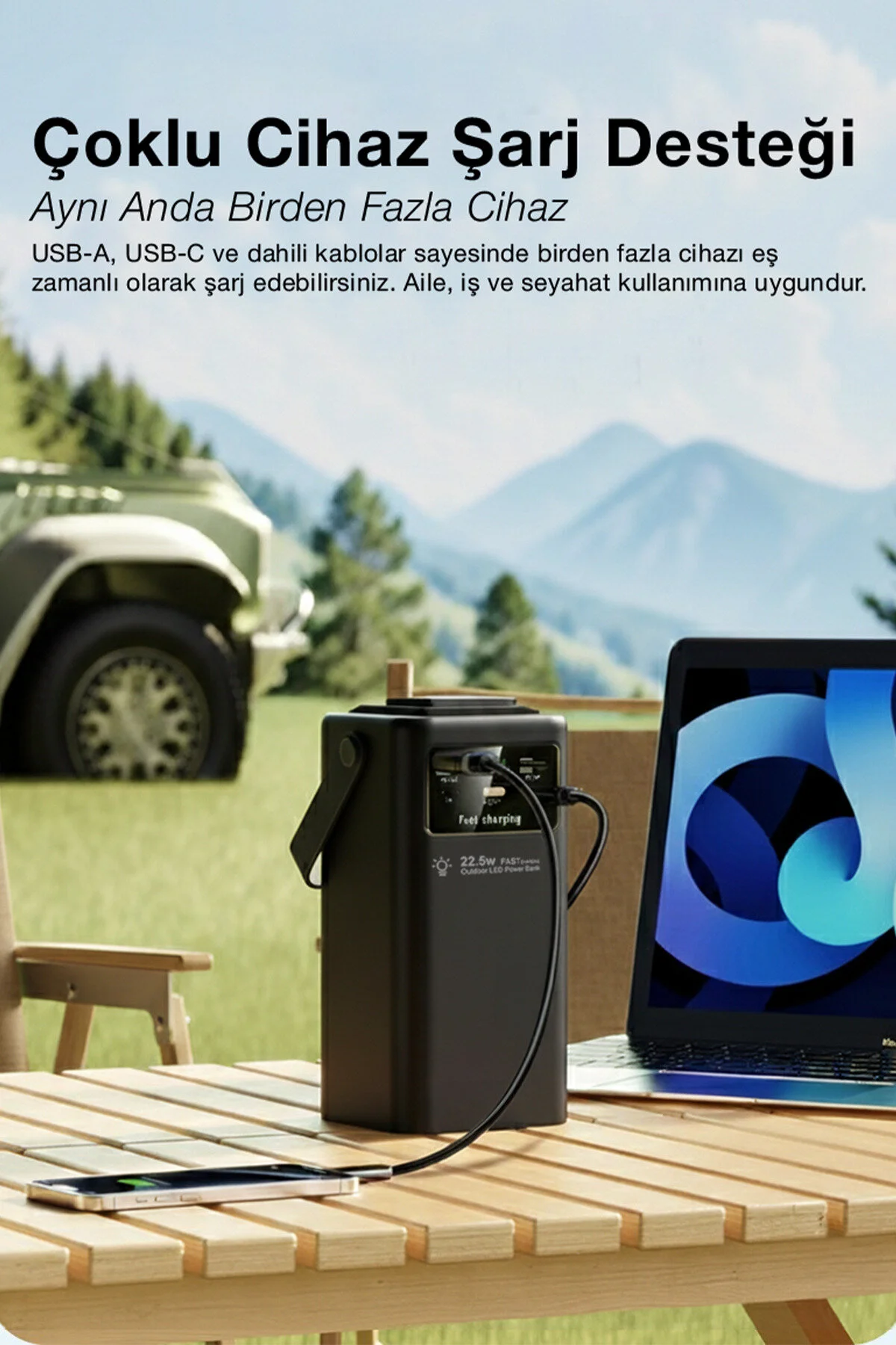 Wyze 80.000 mAh 22,5W/PD Hızlı Şarj Kendinden Kablolu ve Şarj Göstergeli Taşınabilir Powerbank