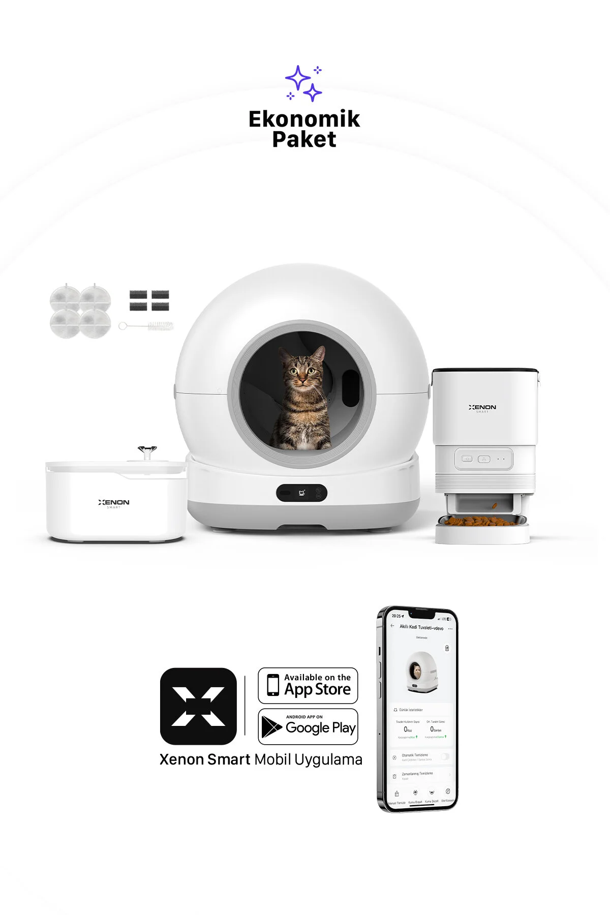 Xenon Smart Akıllı Otomatik Kedi Tuvaleti, Mama Kabı ve Su Pınarı 4'lü Pet Ürünleri Seti