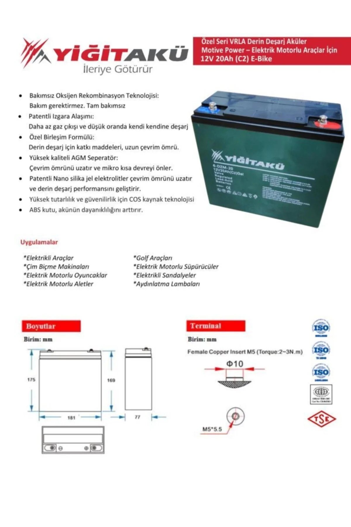 Yiğit Akü 12v 20ah-amper 24ah , 6dzm20 Jel 12v 22ah- 24 Ah 2026 üretim