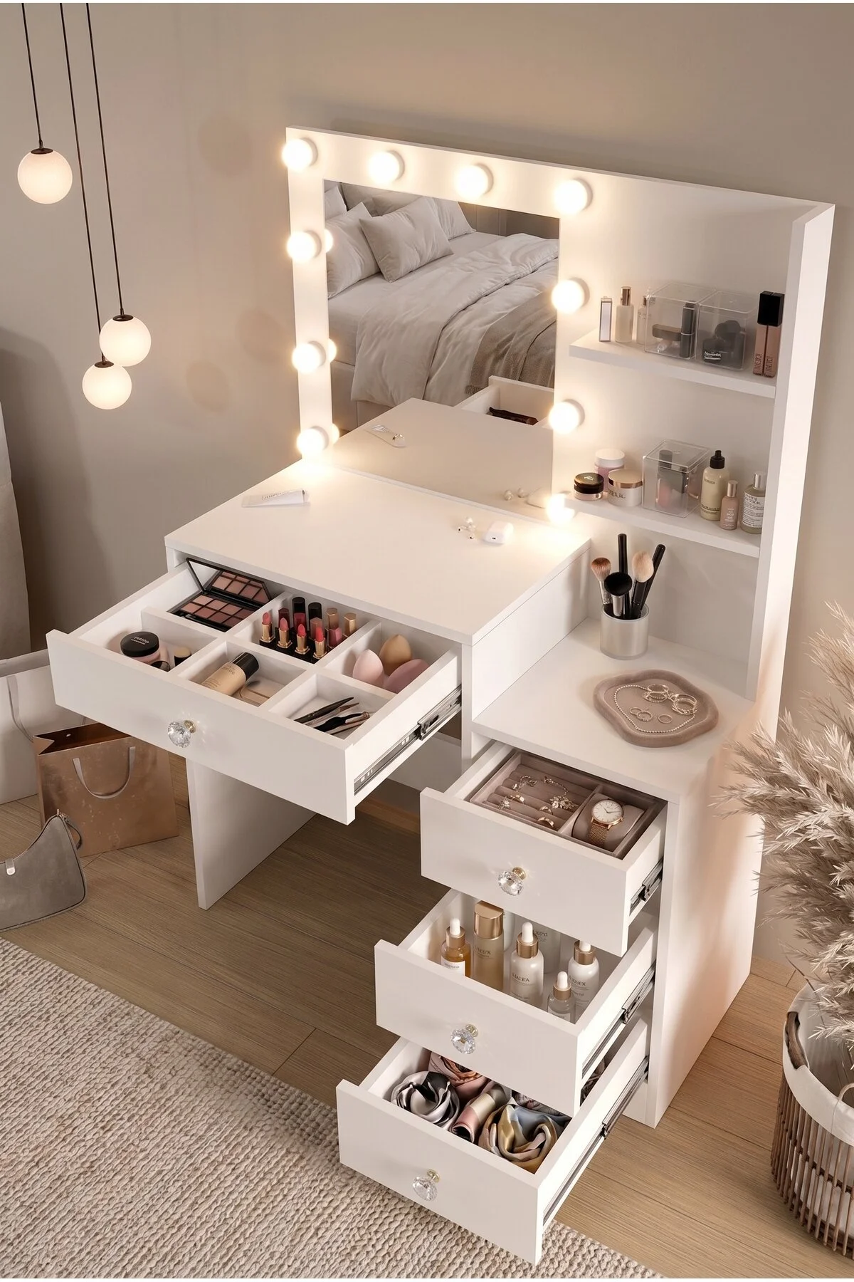 Yurudesign Monroe Makyaj Masası 4 Çekmeceli Düzenleyici Hollywood Led Işıklı Raflı Beyaz MO2-W