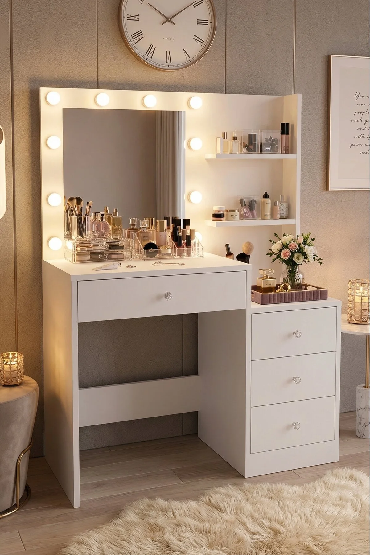 Yurudesign Monroe Makyaj Masası 4 Çekmeceli Düzenleyici Hollywood Led Işıklı Raflı Beyaz MO2-W
