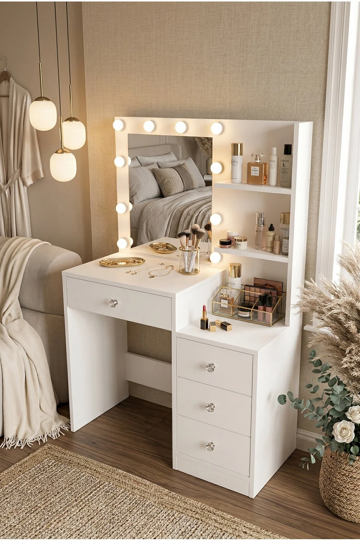 Yurudesign Monroe Makyaj Masası 4 Çekmeceli Düzenleyici Hollywood Led Işıklı Raflı Beyaz MO2-W