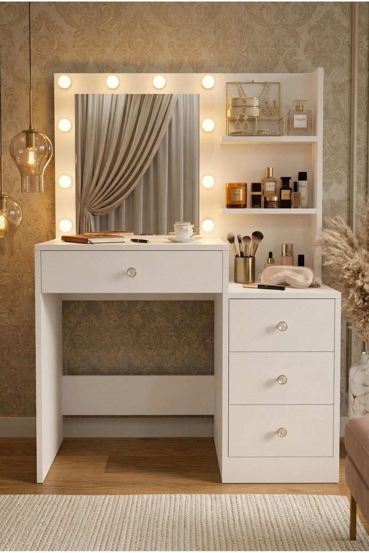 Yurudesign Monroe Makyaj Masası 4 Çekmeceli Düzenleyici Hollywood Led Işıklı Raflı Beyaz MO2-W