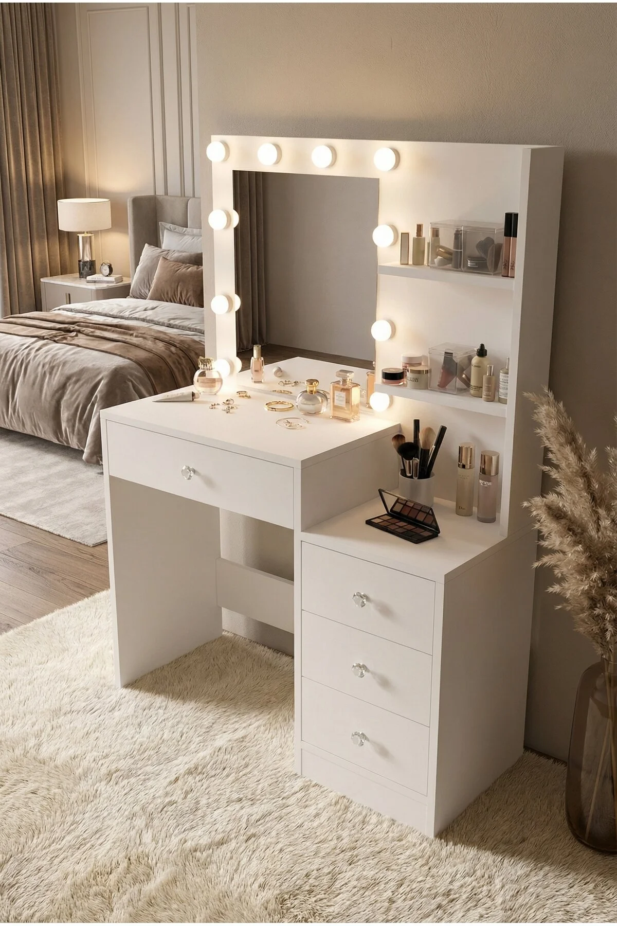 Yurudesign Monroe Makyaj Masası 4 Çekmeceli Düzenleyici Hollywood Led Işıklı Raflı Beyaz MO2-W