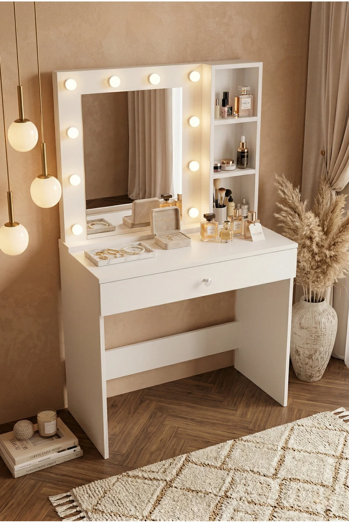 Yurudesign Monroe Makyaj Masası Çekmeceli Düzenleyici Hollywood Led Işıklı Raflı Beyaz MO3-W