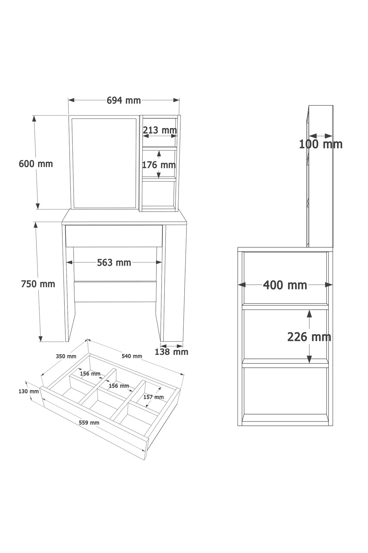 Yurudesign Monroe Makyaj Masası Çekmeceli Düzenleyici Raflı Beyaz MO1-W