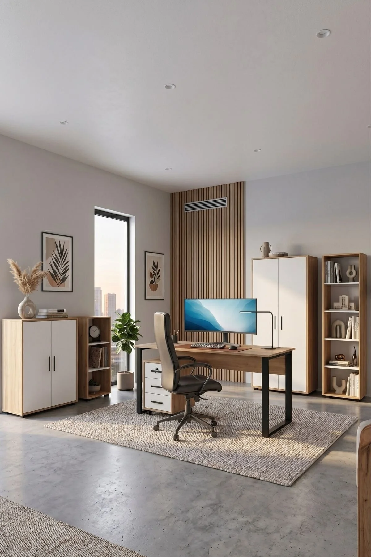 Yurupa Dante Ofis Mobilyası Takımı 140 cm Çalışma Masası + Keson ve 4Adet Dolap Sepet Beyaz DAN12-SW