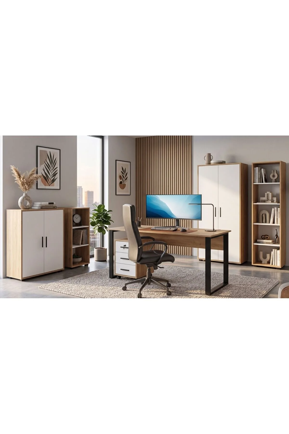 Yurupa Dante Ofis Mobilyası Takımı 140 cm Çalışma Masası + Keson ve 4Adet Dolap Sepet Beyaz DAN12-SW