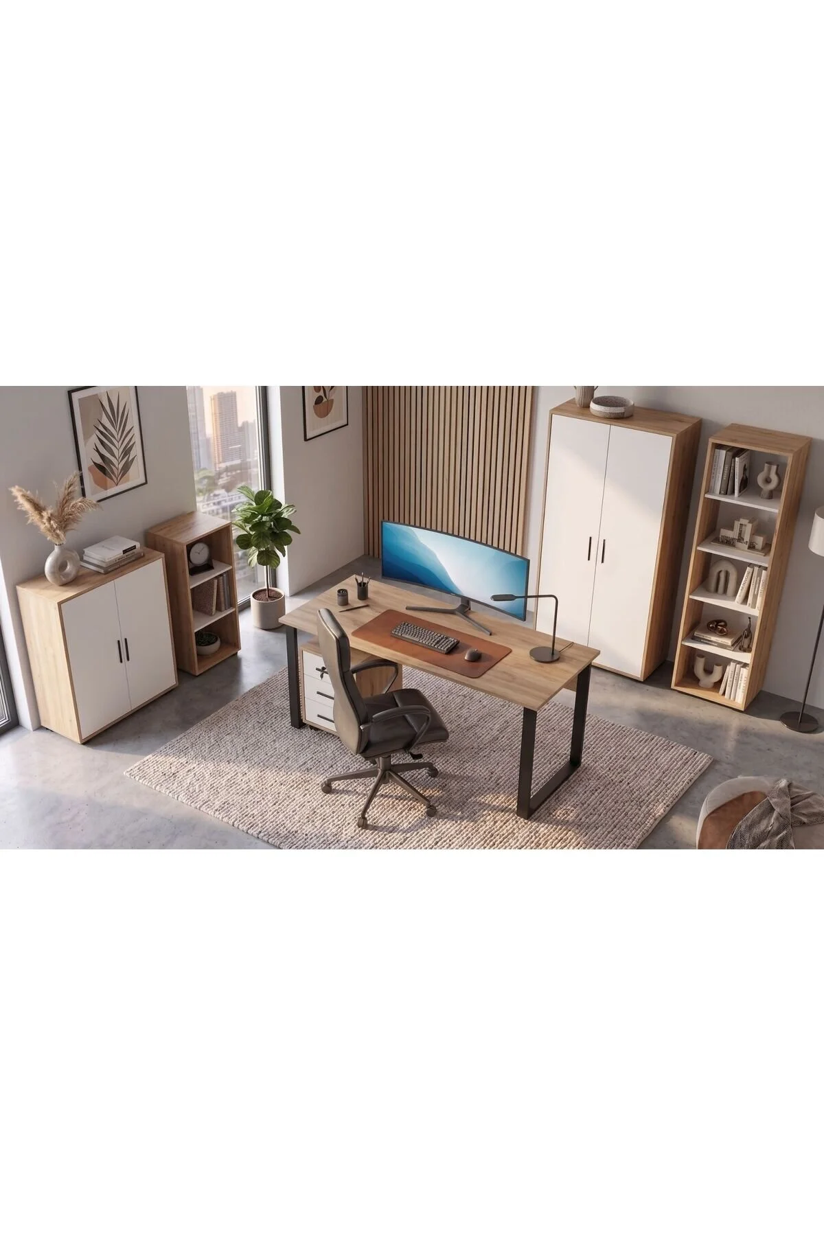 Yurupa Dante Ofis Mobilyası Takımı 140 cm Çalışma Masası + Keson ve 4Adet Dolap Sepet Beyaz DAN12-SW