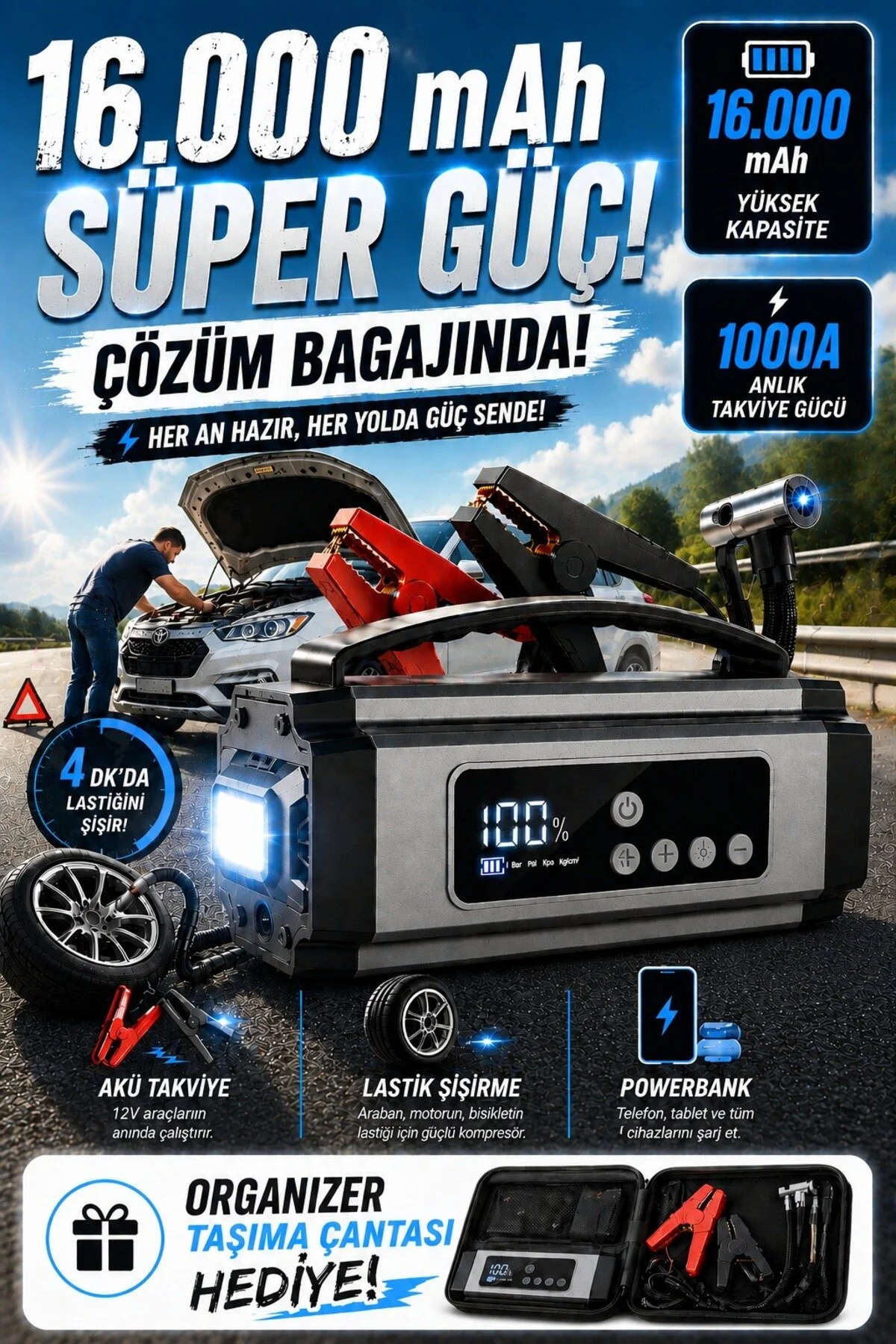 Zineets Pro Taşınabilir Dijital Göstergeli Araç Lastik Sişirme Ve Araç Takviye Cihazı Akü 12V Starter Seti
