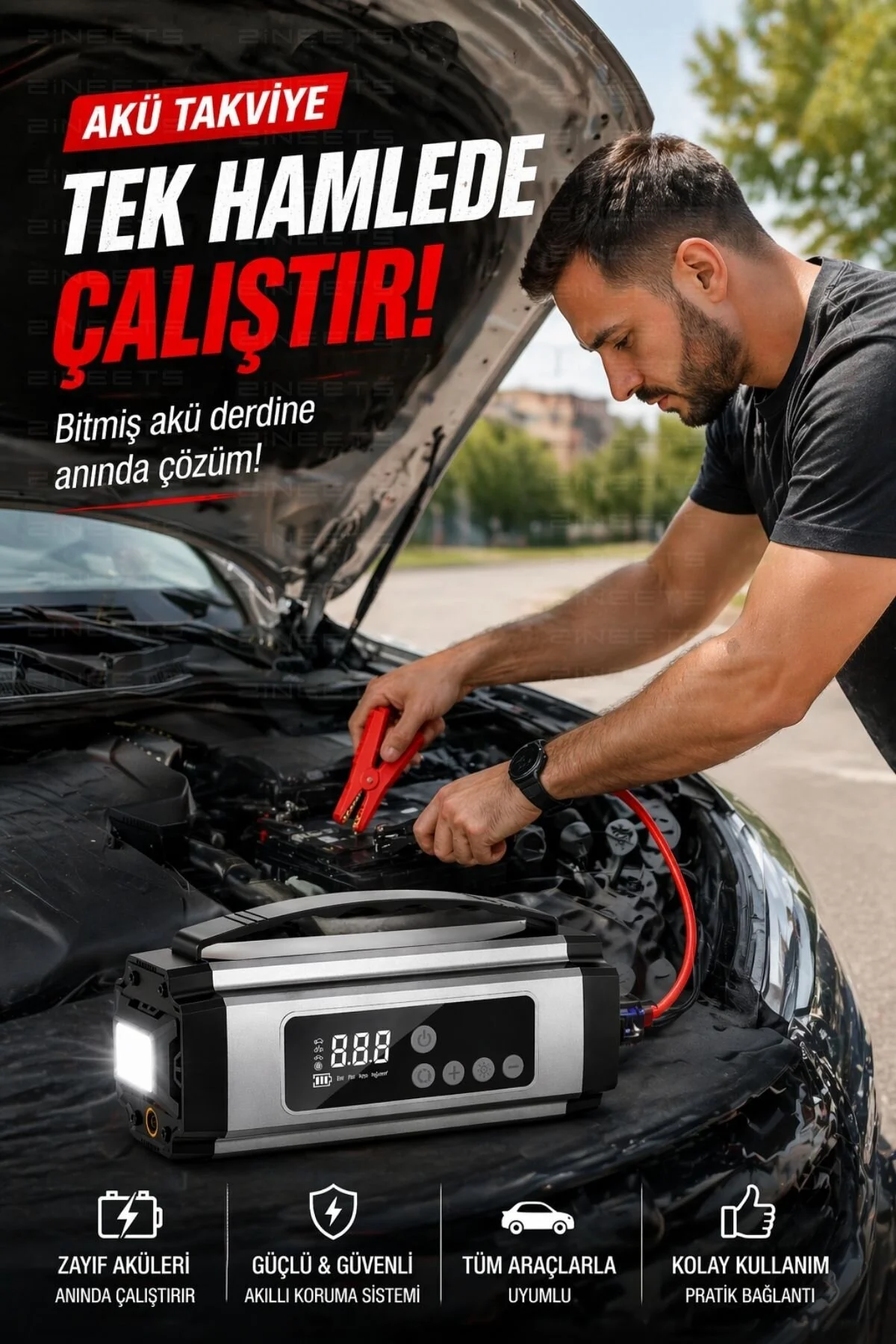 Zineets Pro Taşınabilir Dijital Göstergeli Araç Lastik Sişirme Ve Araç Takviye Cihazı Akü 12V Starter Seti